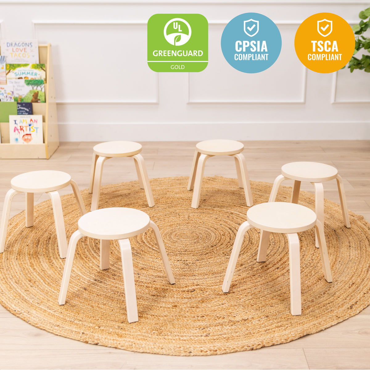 Bentwood Stackable Stools, 12in Seat Height, 6-Piece