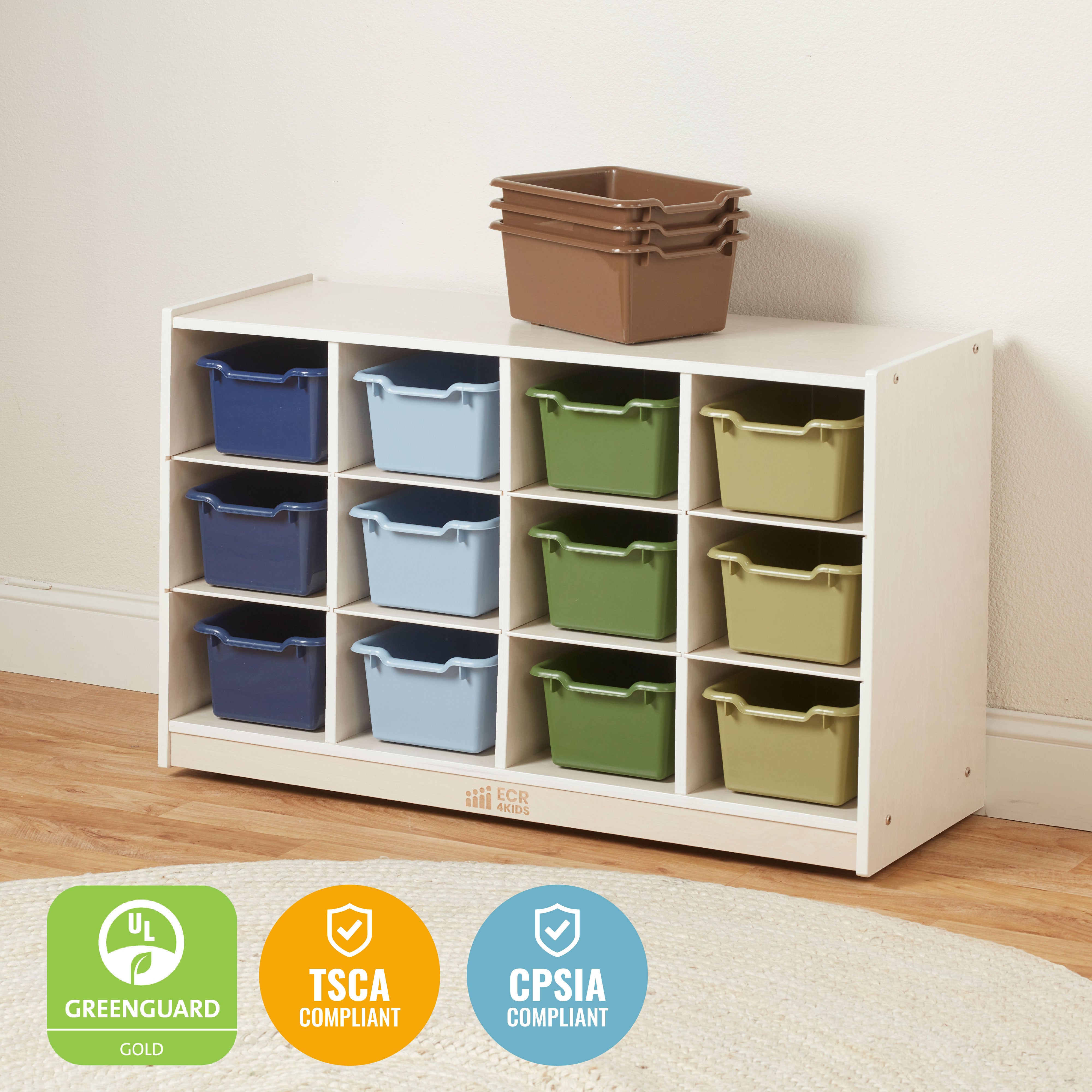 12 Cubby Mobile Tray Cabinet with 15 Scoop Front Storage Bins, 3x4, White Wash