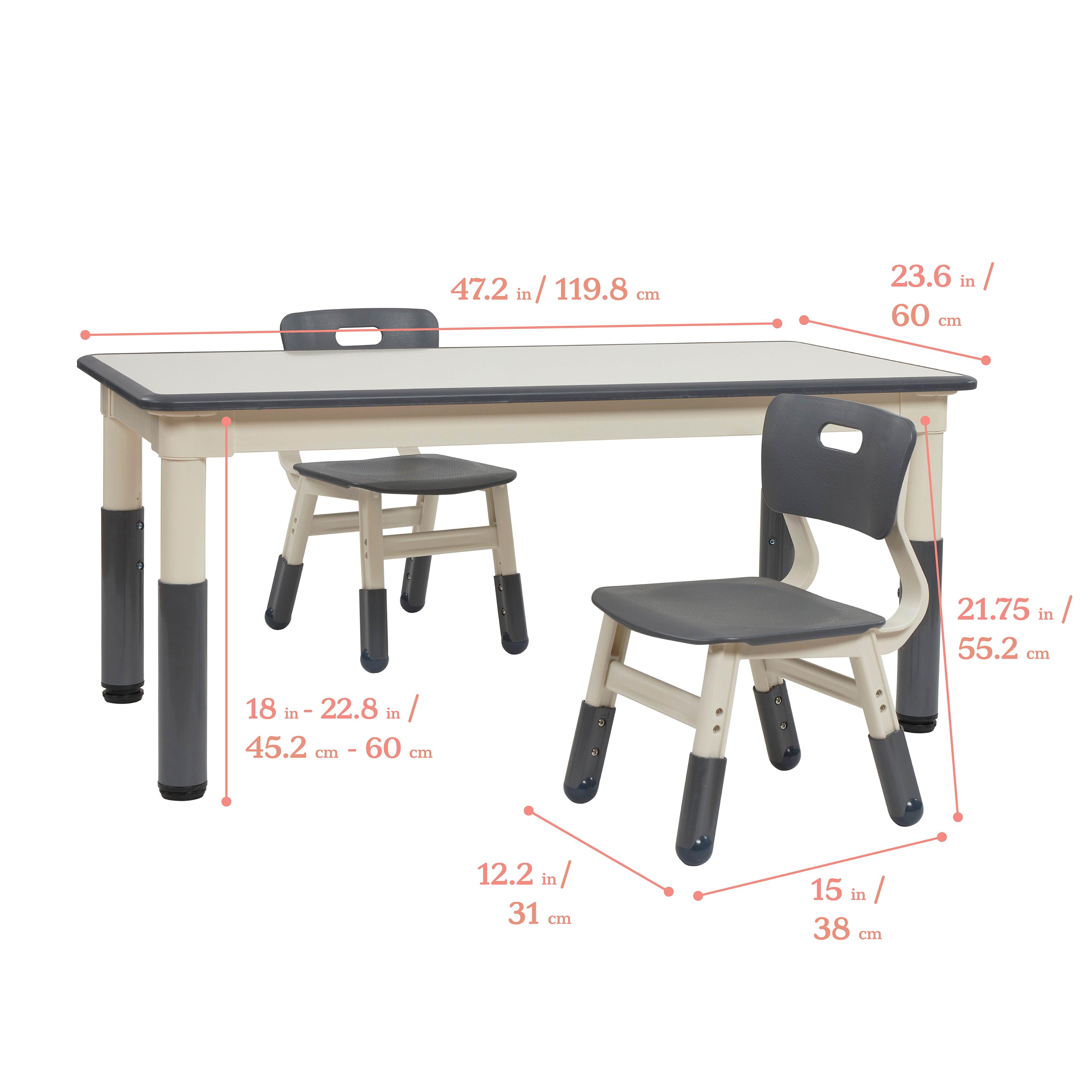 Dry-Erase Rectangular Activity Table with 2 Chairs, Adjustable, 3-Piece