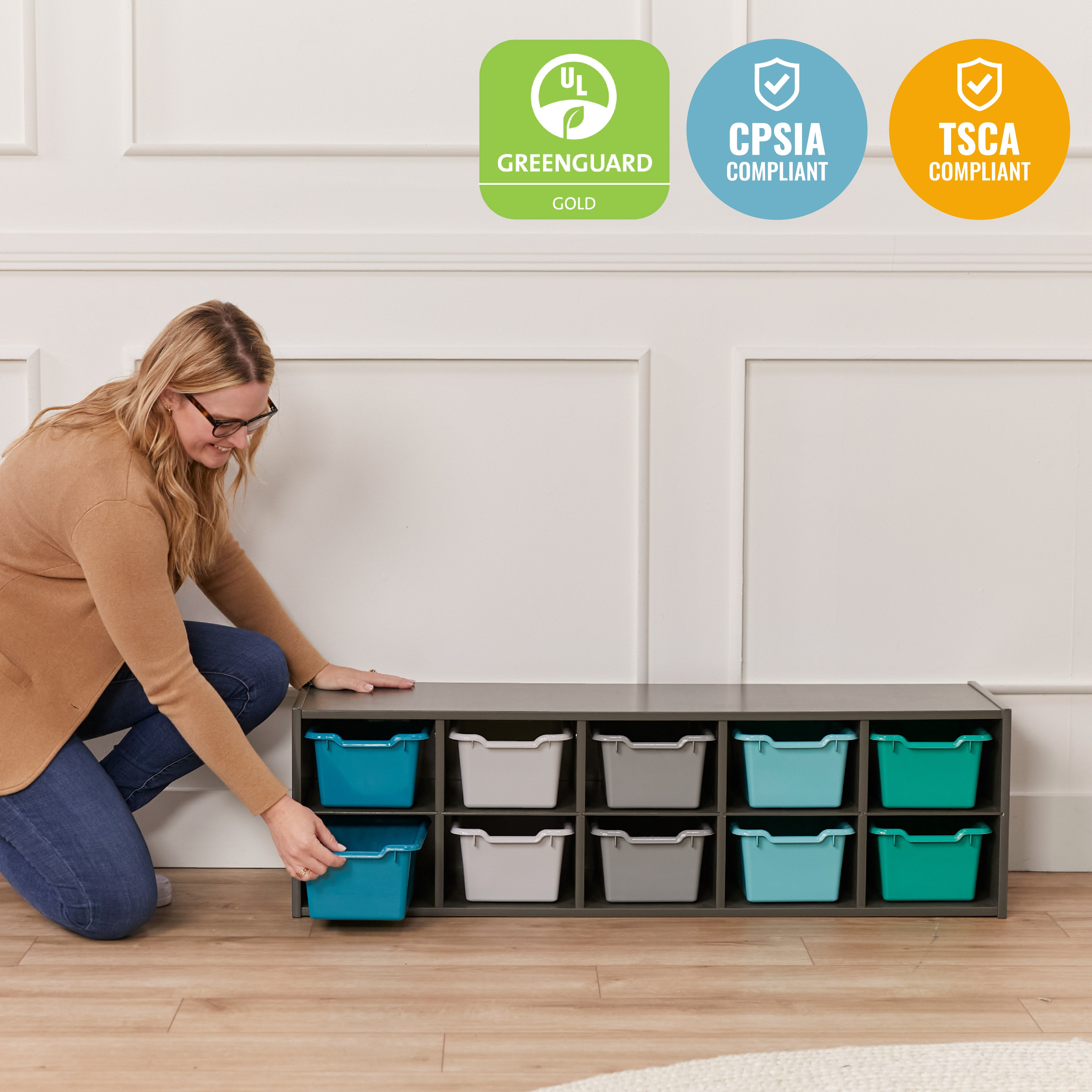 Streamline 10 Cubby Tray Cabinet with 10 Scoop Front Storage Bins, 2x5, Grey Wash