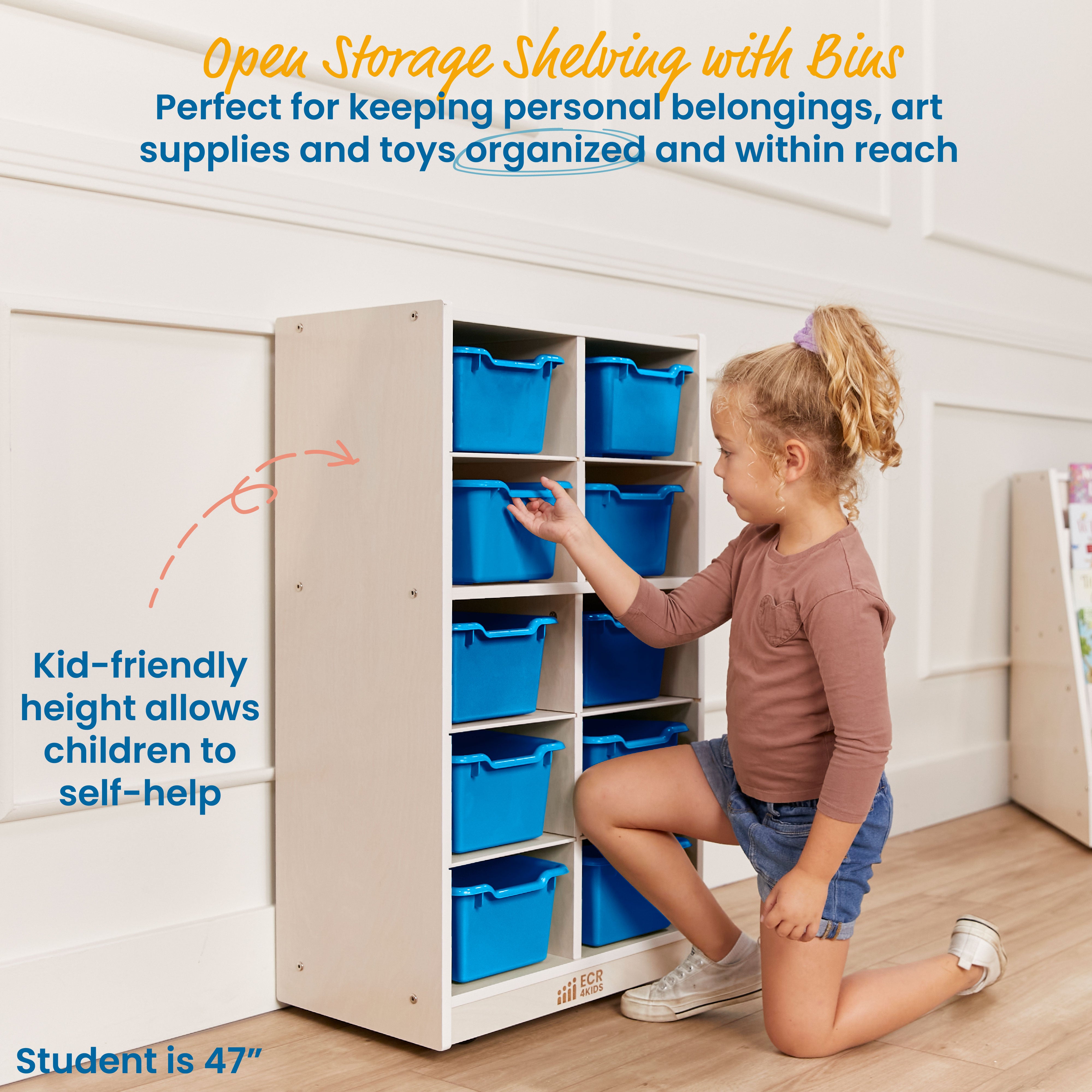 10 Cubby Mobile Tray Cabinet with 10 Scoop Front Storage Bins, 5x2, White Wash