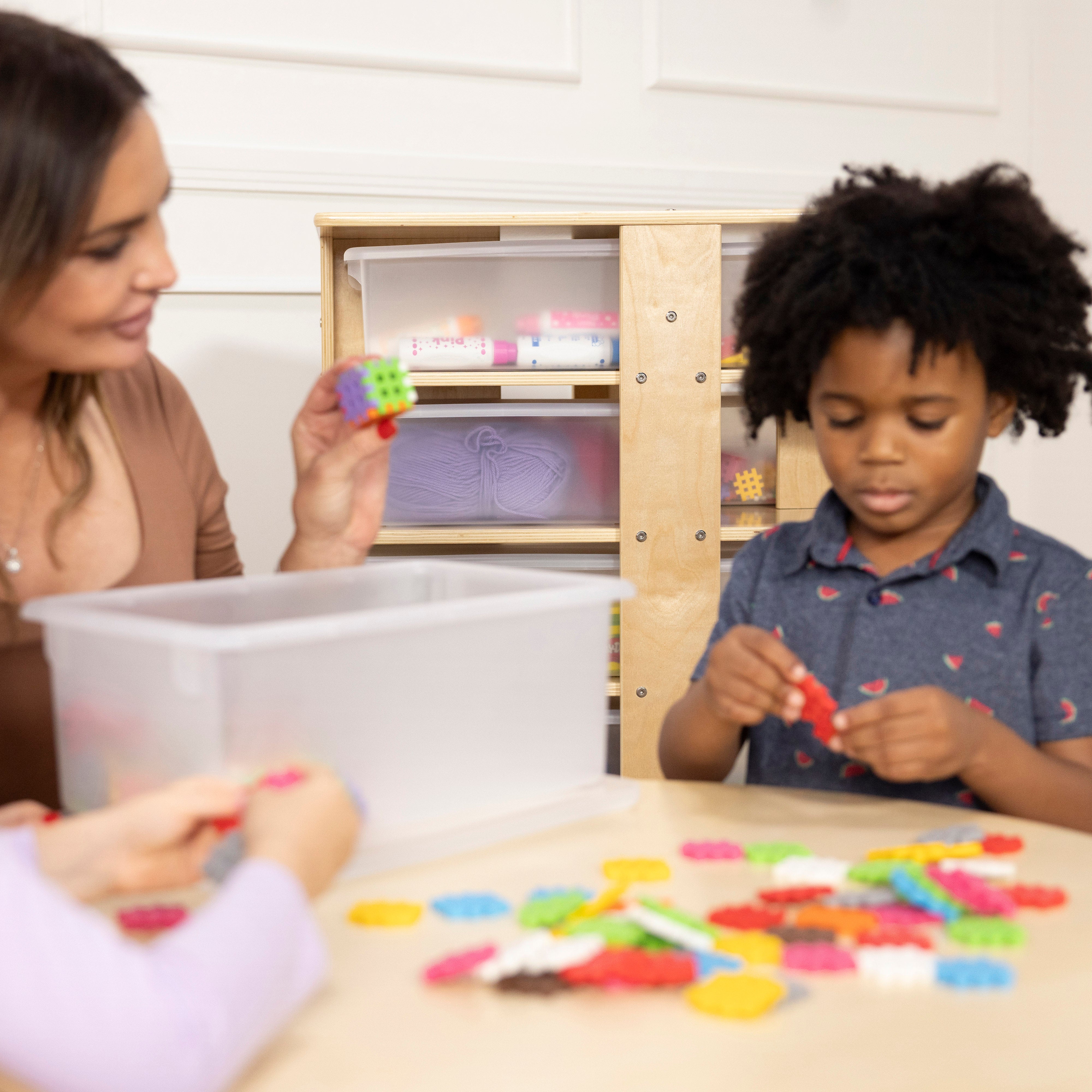 20-Compartment Mobile Storage Tower with Cubby Bins with Lids, 5x4, Natural