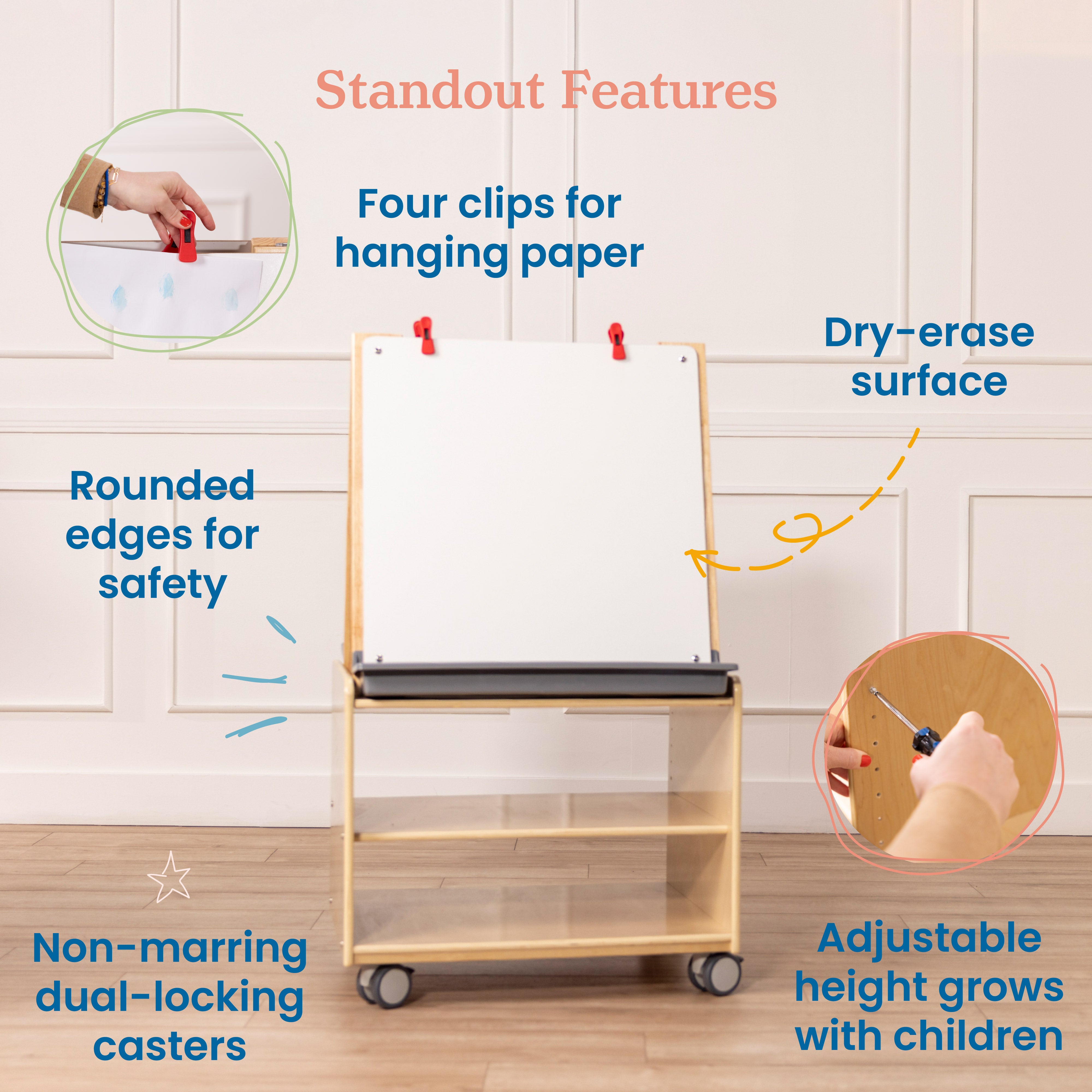 Double-Sided Mobile Art Easel with Storage and Clips