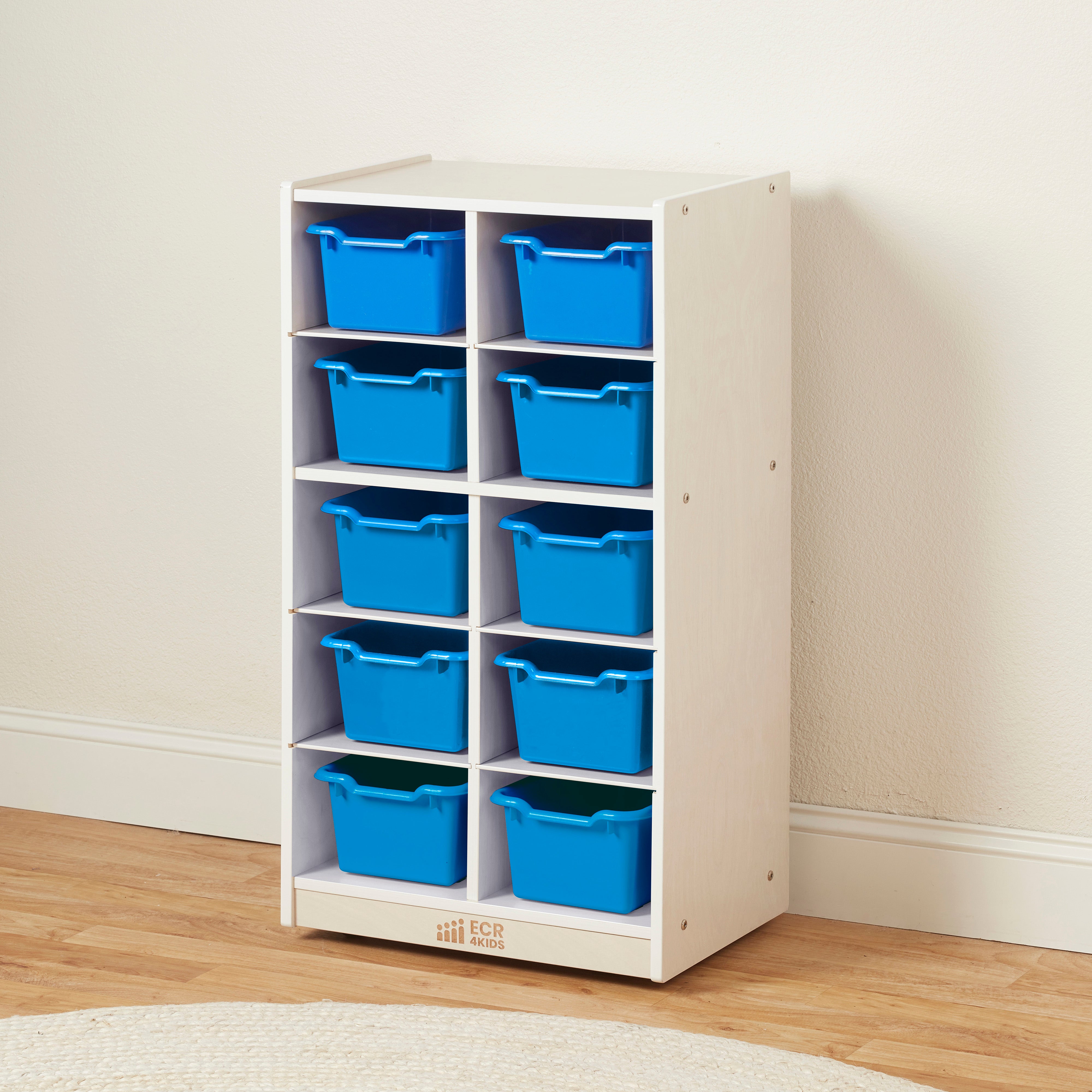 10 Cubby Mobile Tray Cabinet with 10 Scoop Front Storage Bins, 5x2, White Wash