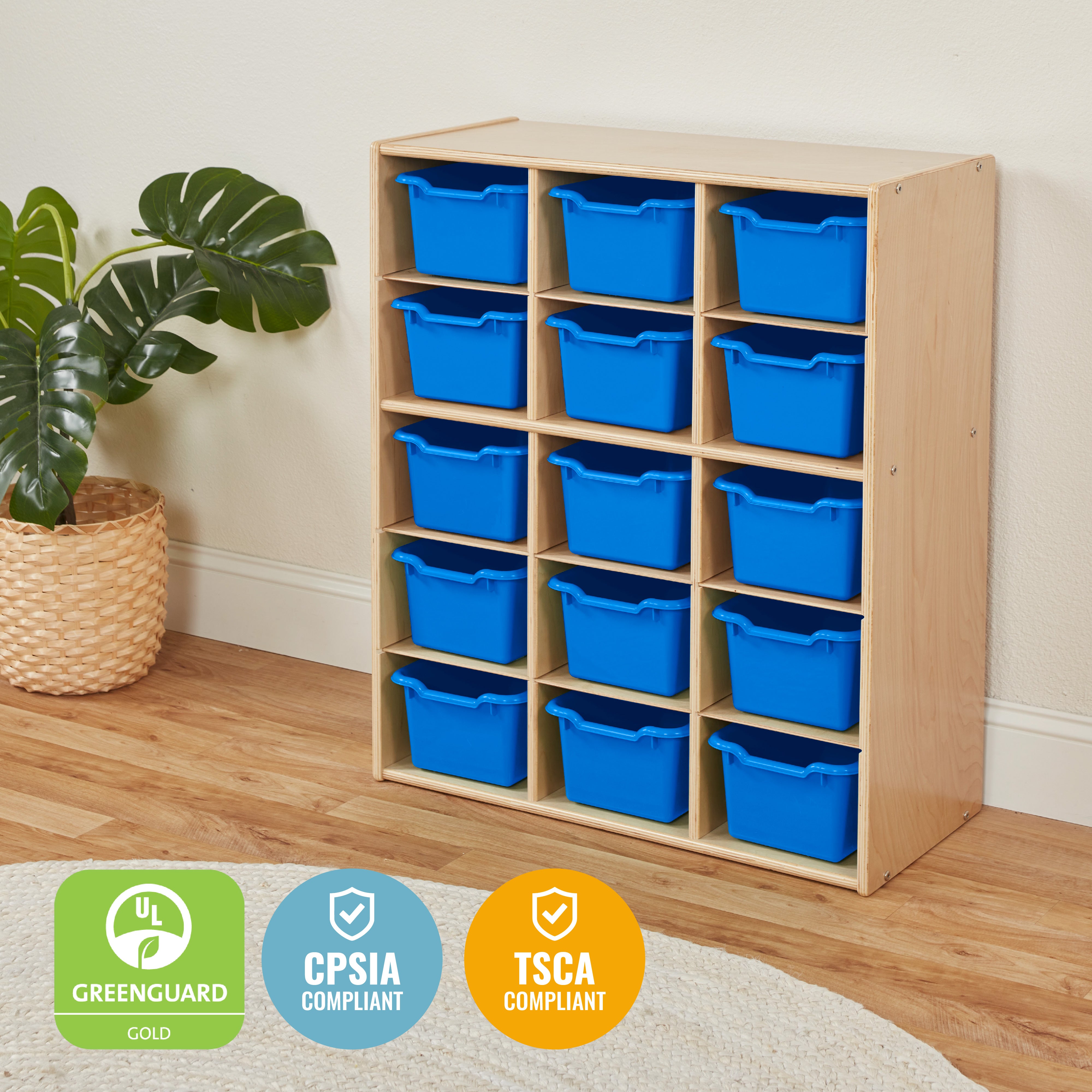 Streamline 15 Cubby Tray Cabinet with 15 Scoop Front Storage Bins, 5x3, Natural