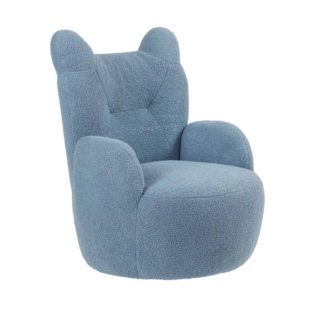 Gray sherpa chair with rounded teddy bear ears, high back, padded armrests, and plush textured upholstery.