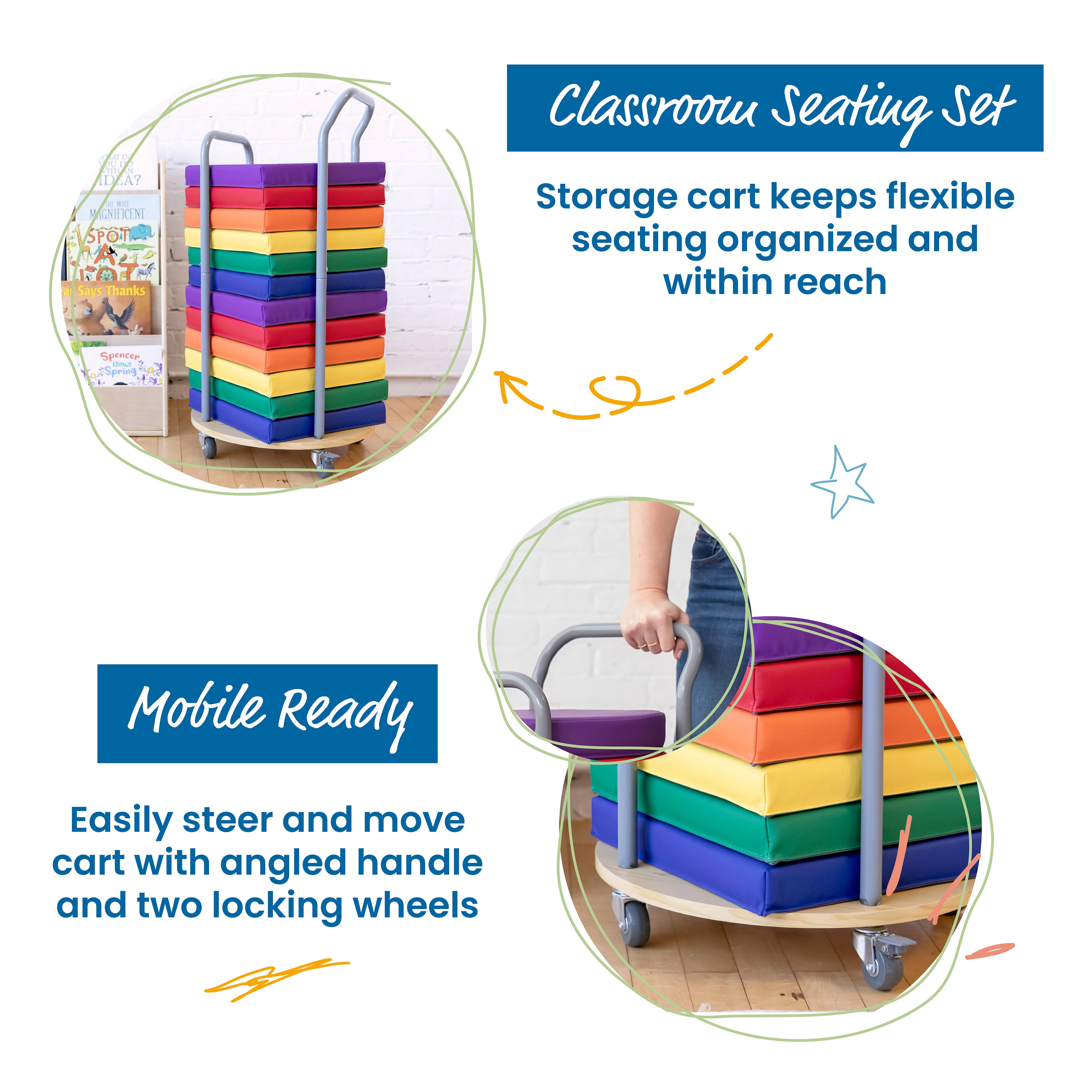 Square Floor Cushions and Mobile Cushion Cart, 12-Piece