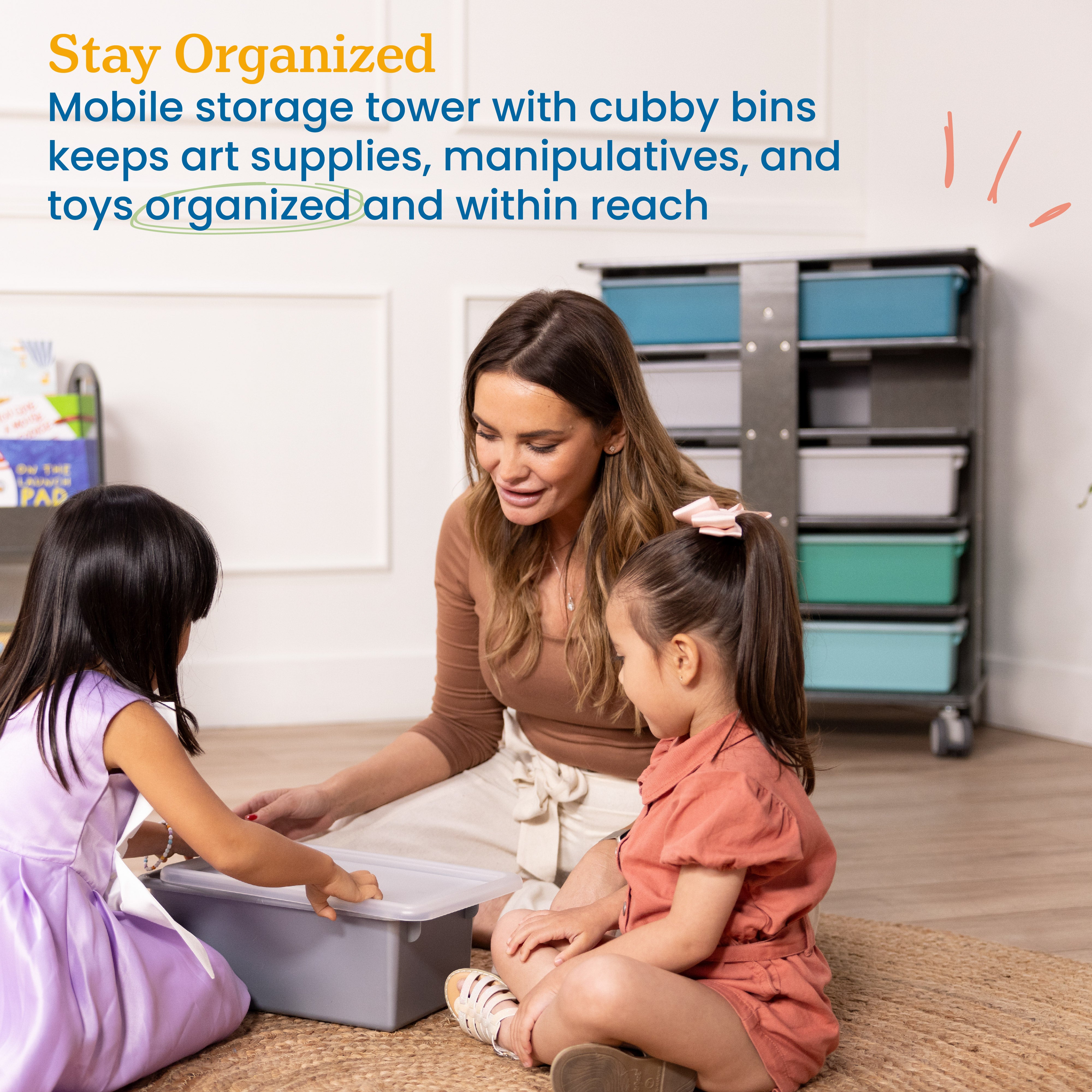 20-Compartment Mobile Storage Tower with Cubby Bins with Lids, 5x4, Grey Wash, Classroom Furniture