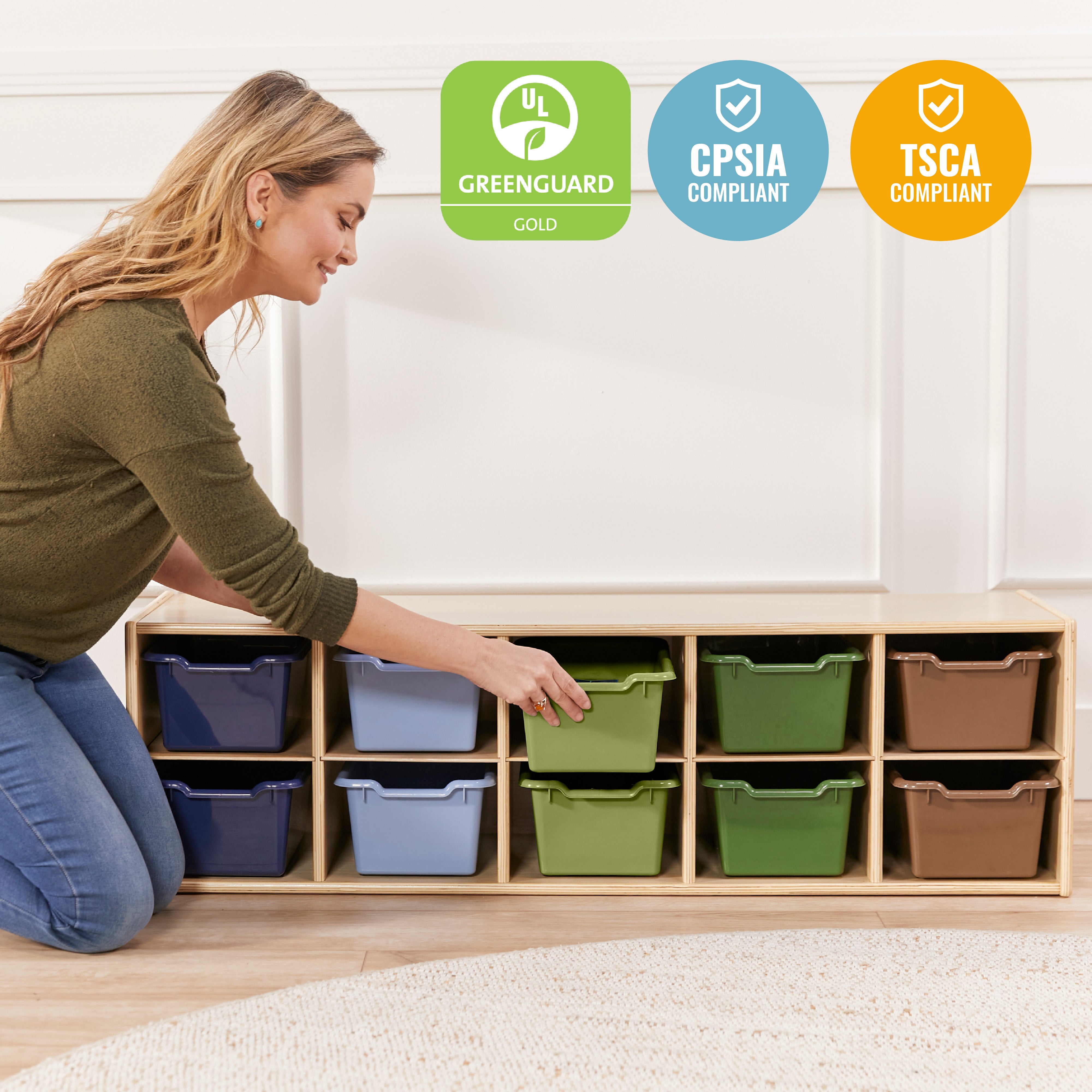 Streamline 10 Cubby Tray Cabinet with 10 Scoop Front Storage Bins, 2x5, Natural