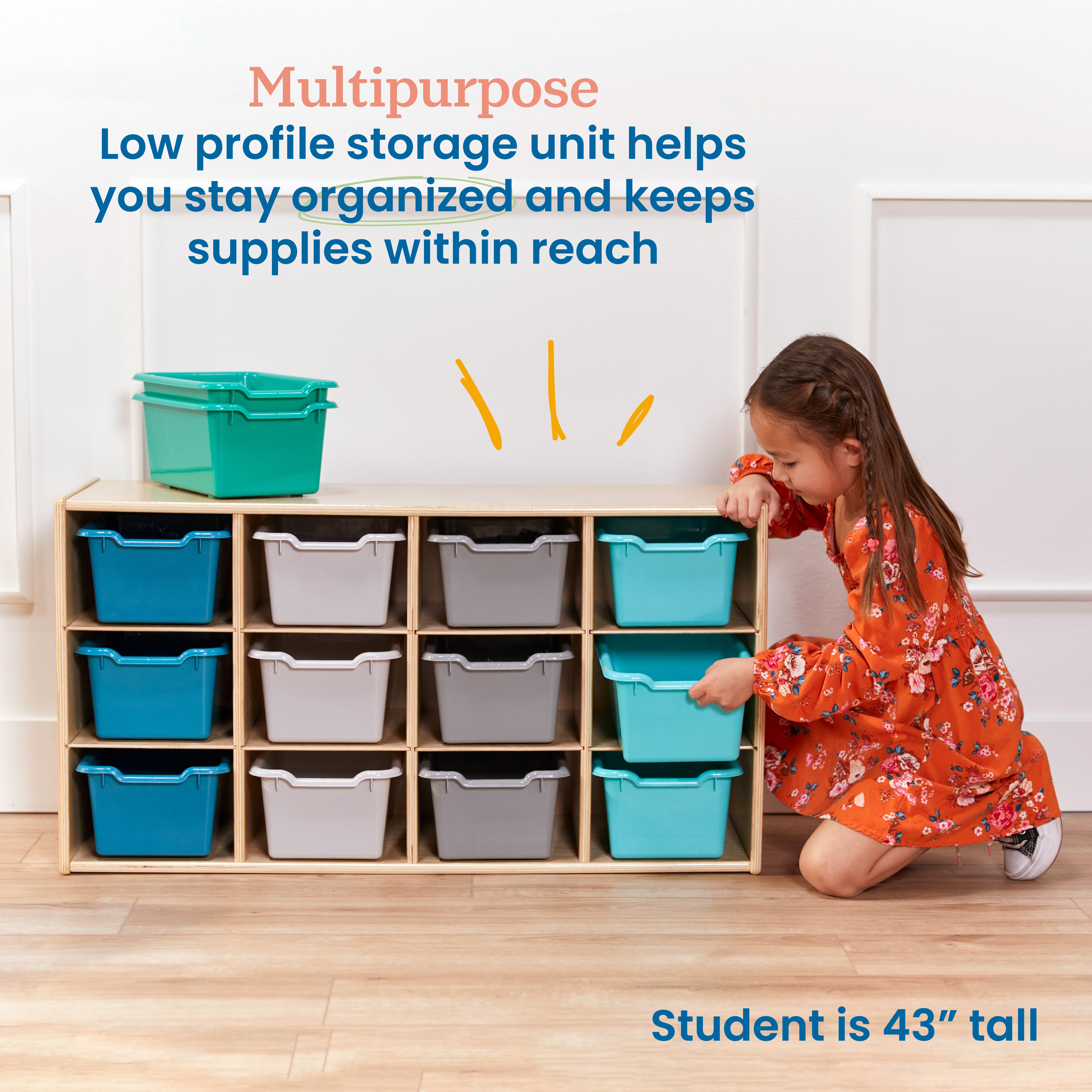 Streamline 12 Cubby Tray Cabinet with 15 Scoop Front Storage Bins, 3x4, Natural