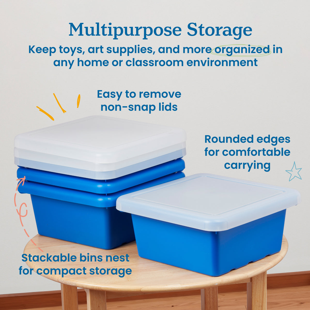 Stackable Square Bins with Non-Snap Lids, 4-Pack
