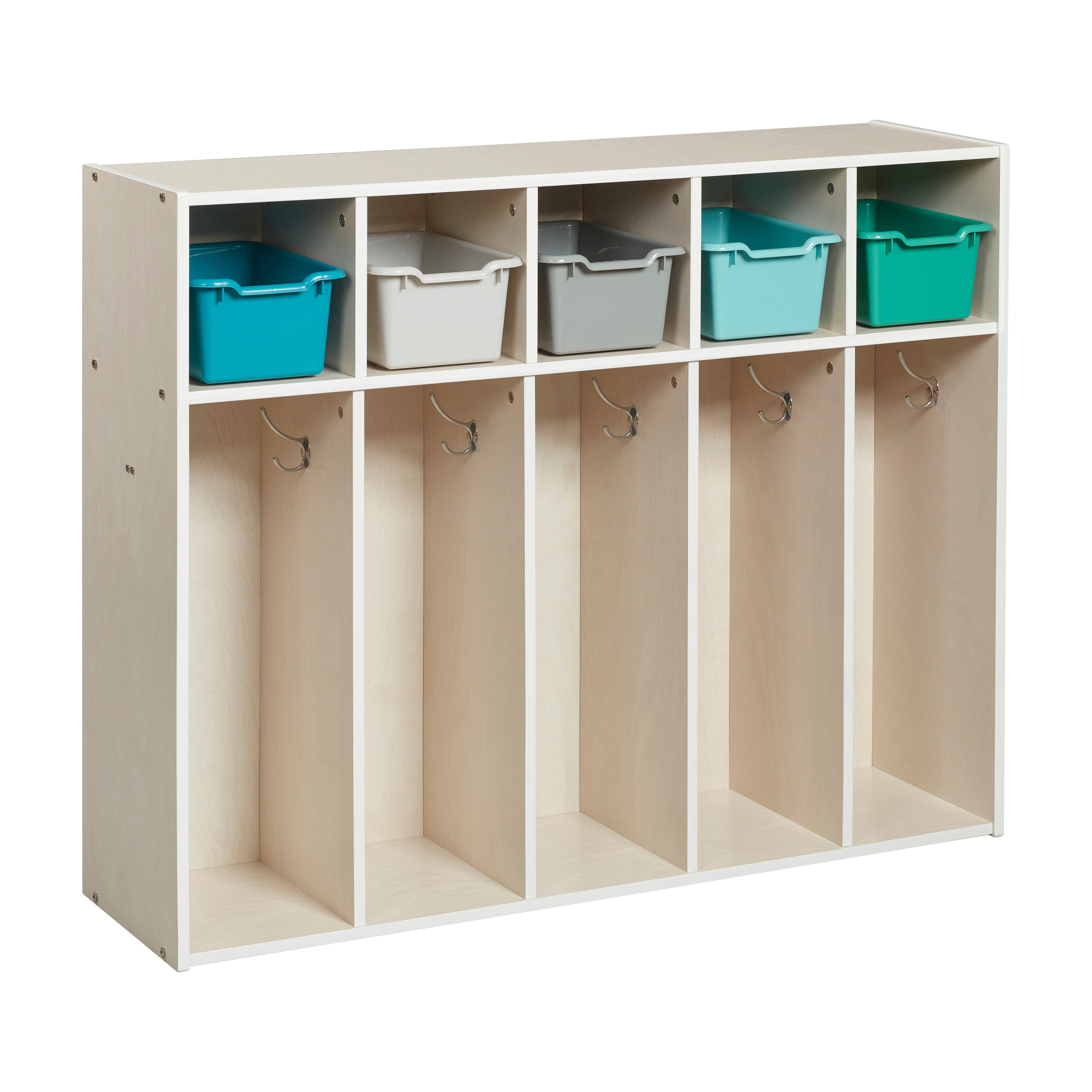Streamline 5-Section Coat Locker with Scoop Front Storage Bins, Toddler Size, White Wash