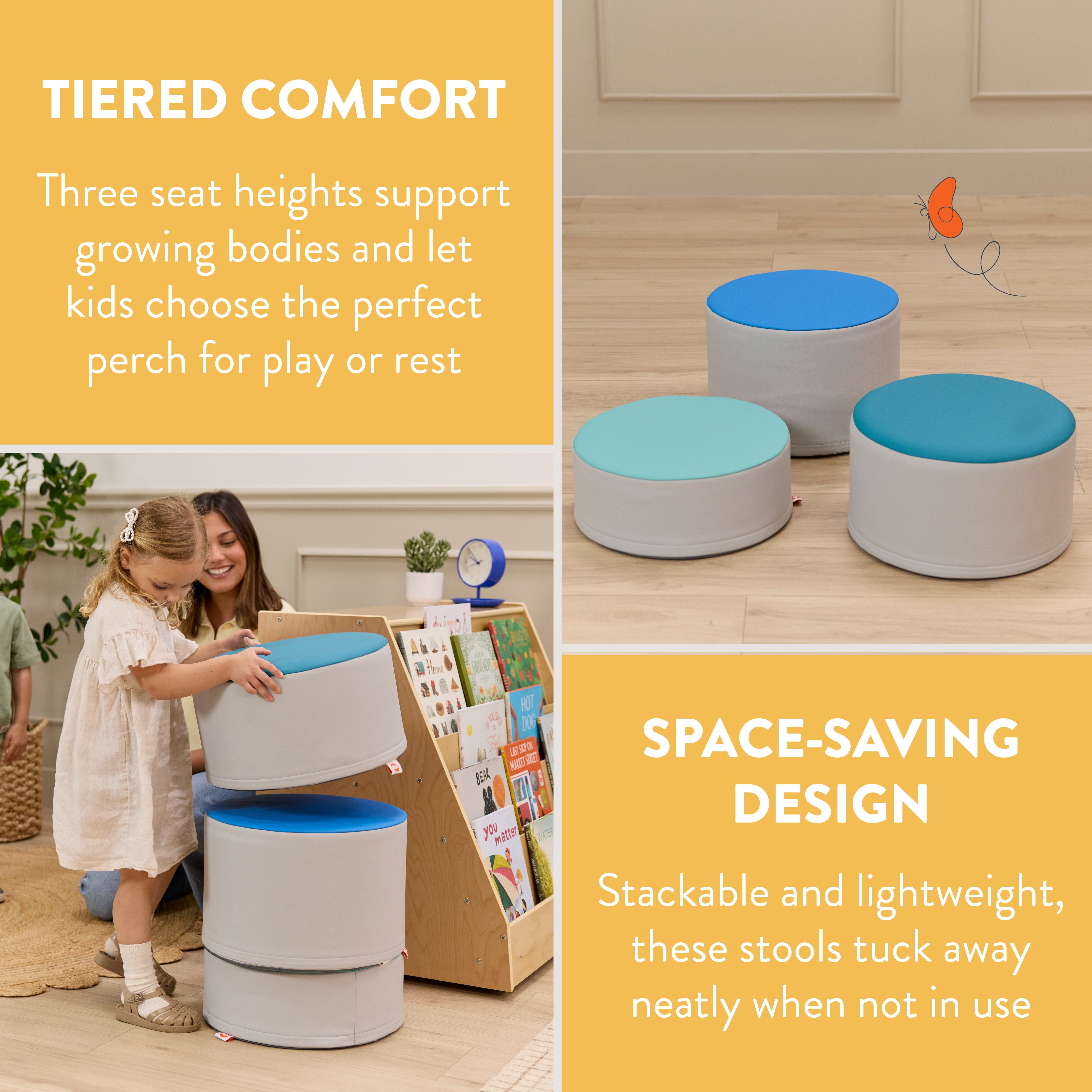 Round Two-Tone Ottomans, 3-Piece