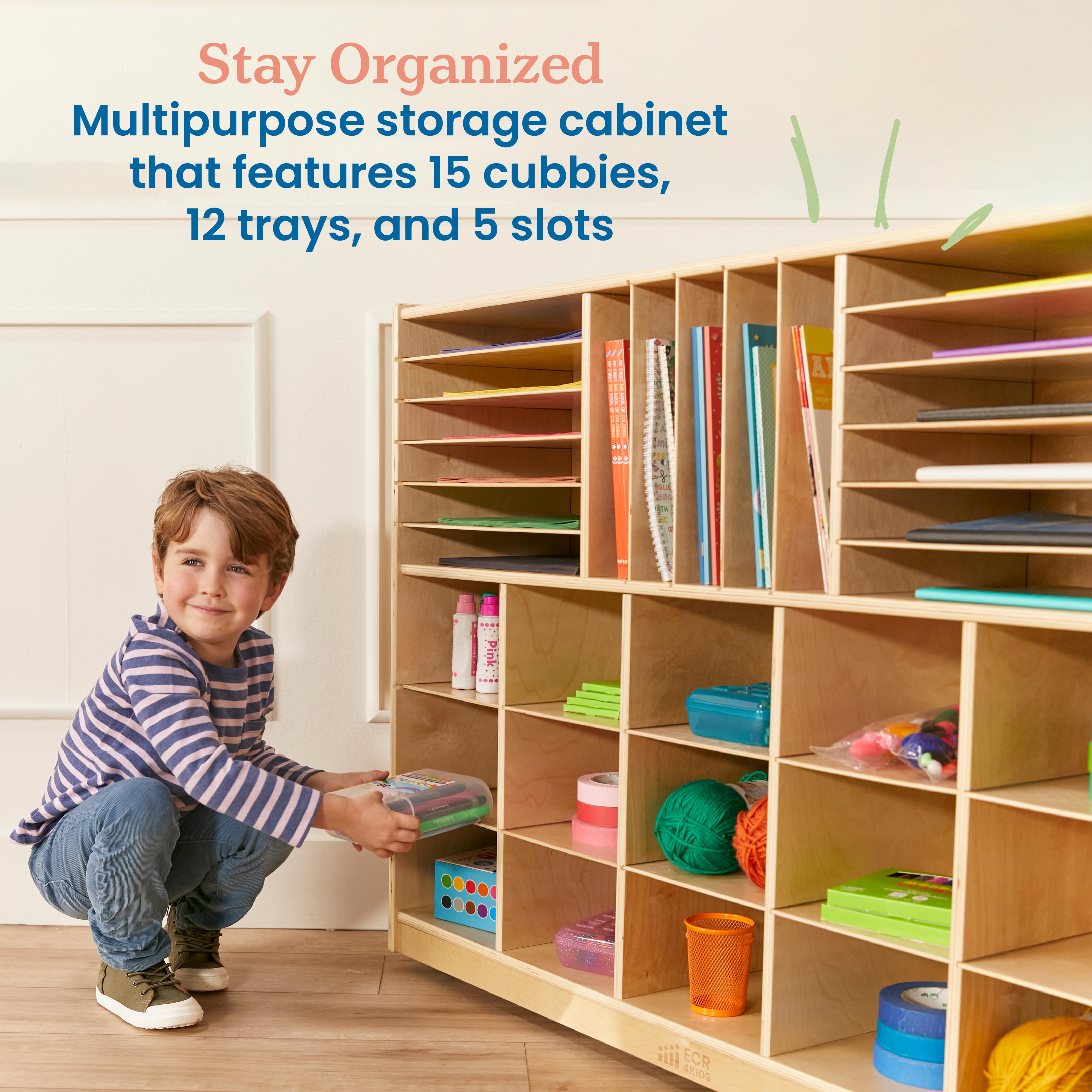 Multi-Section Mobile Tray Cabinet with Cubby Storage Compartments