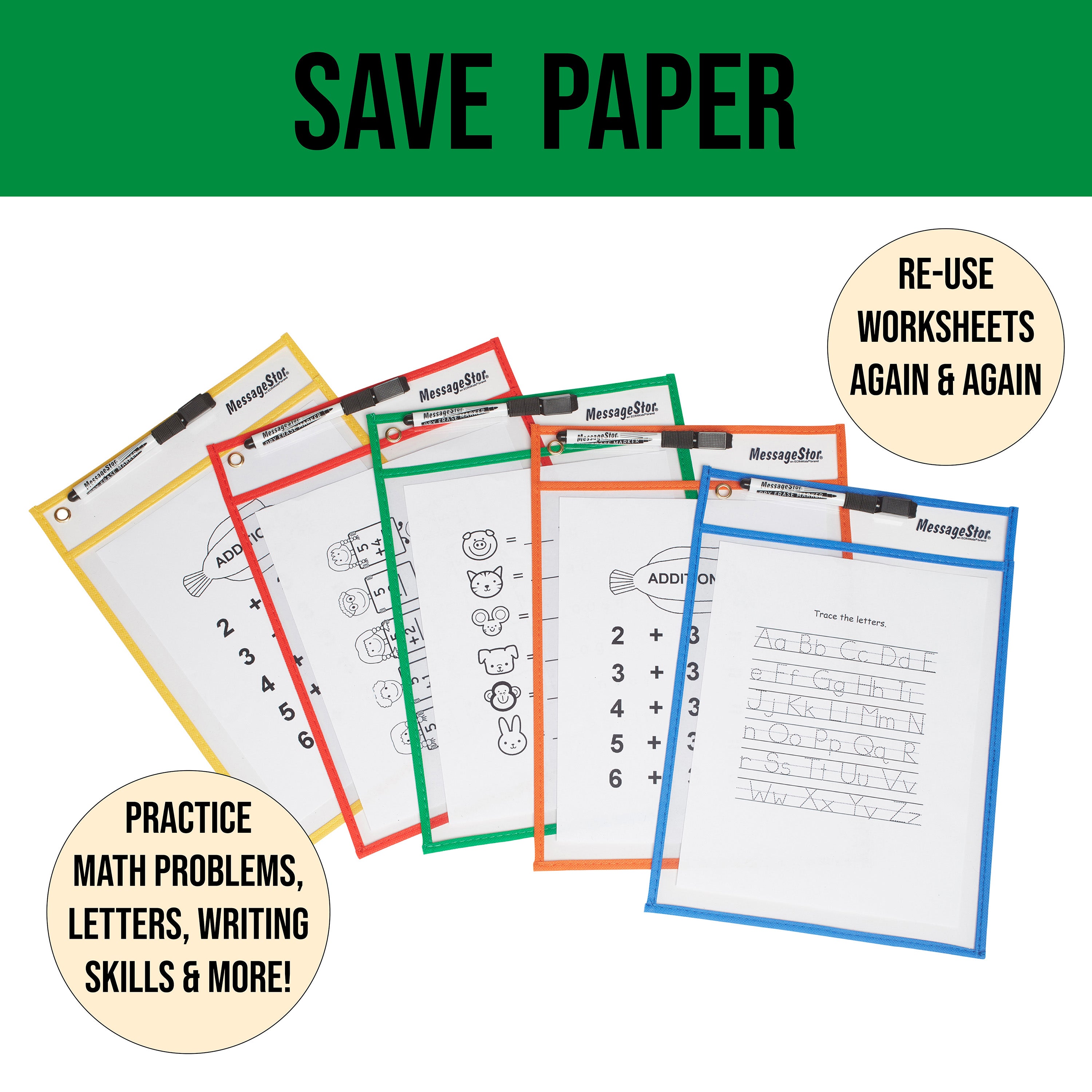 MessageStor Dry-Erase Reusable Clear Pockets with Markers, 30-Piece