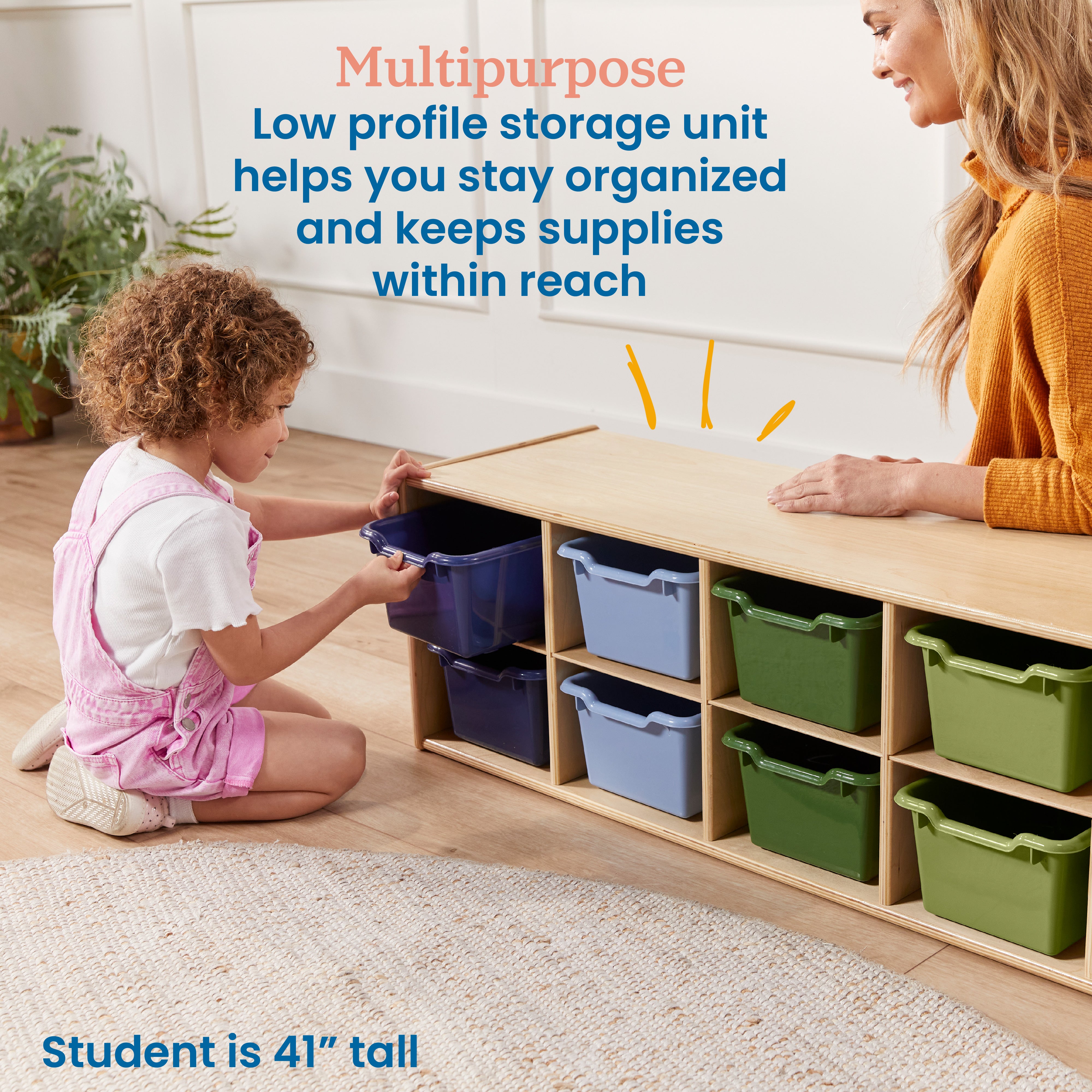 Streamline 10 Cubby Tray Cabinet with 10 Scoop Front Storage Bins, 2x5, Natural