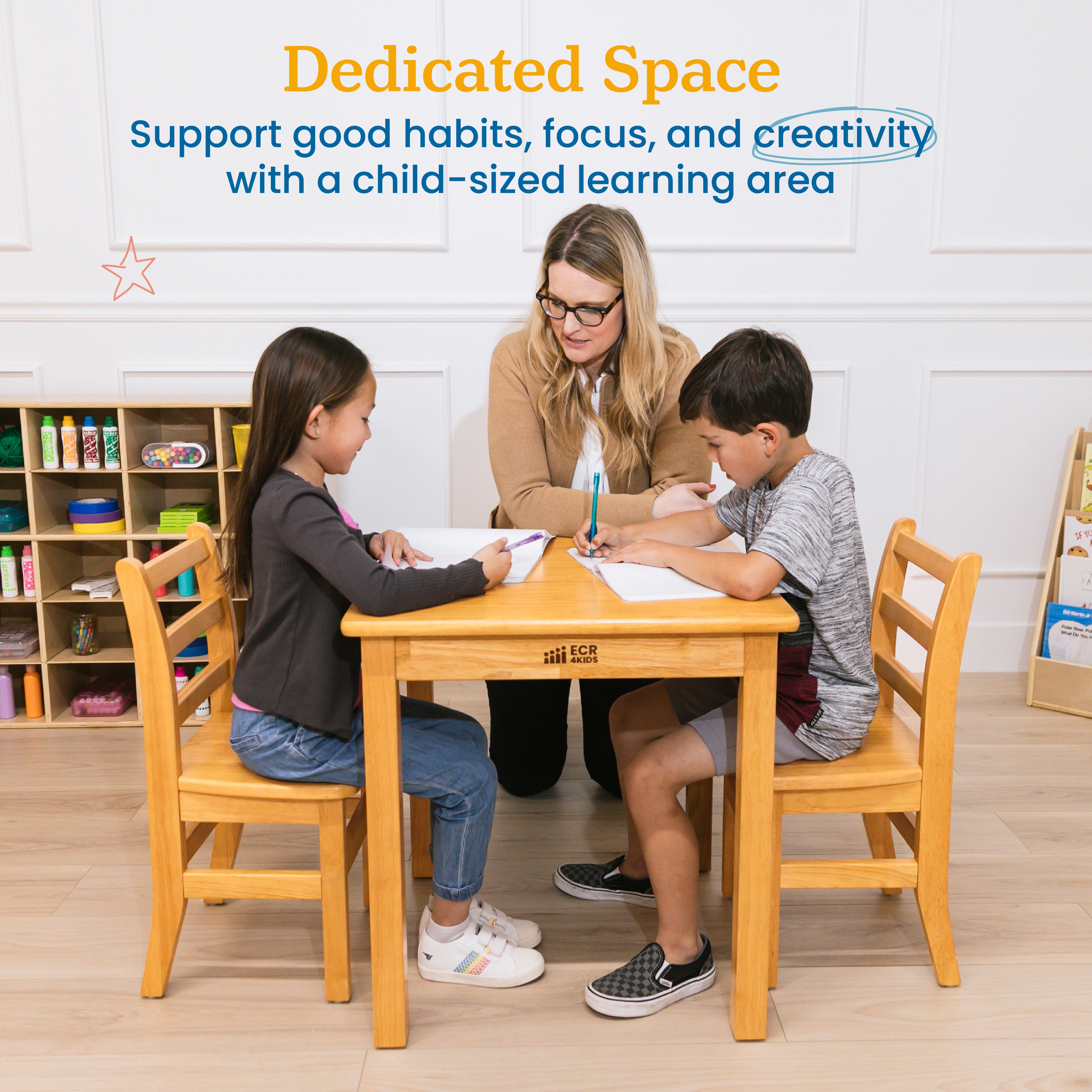 24in x 24in Square Hardwood Table with 24in Legs and Two 14in Chairs, 3-Piece