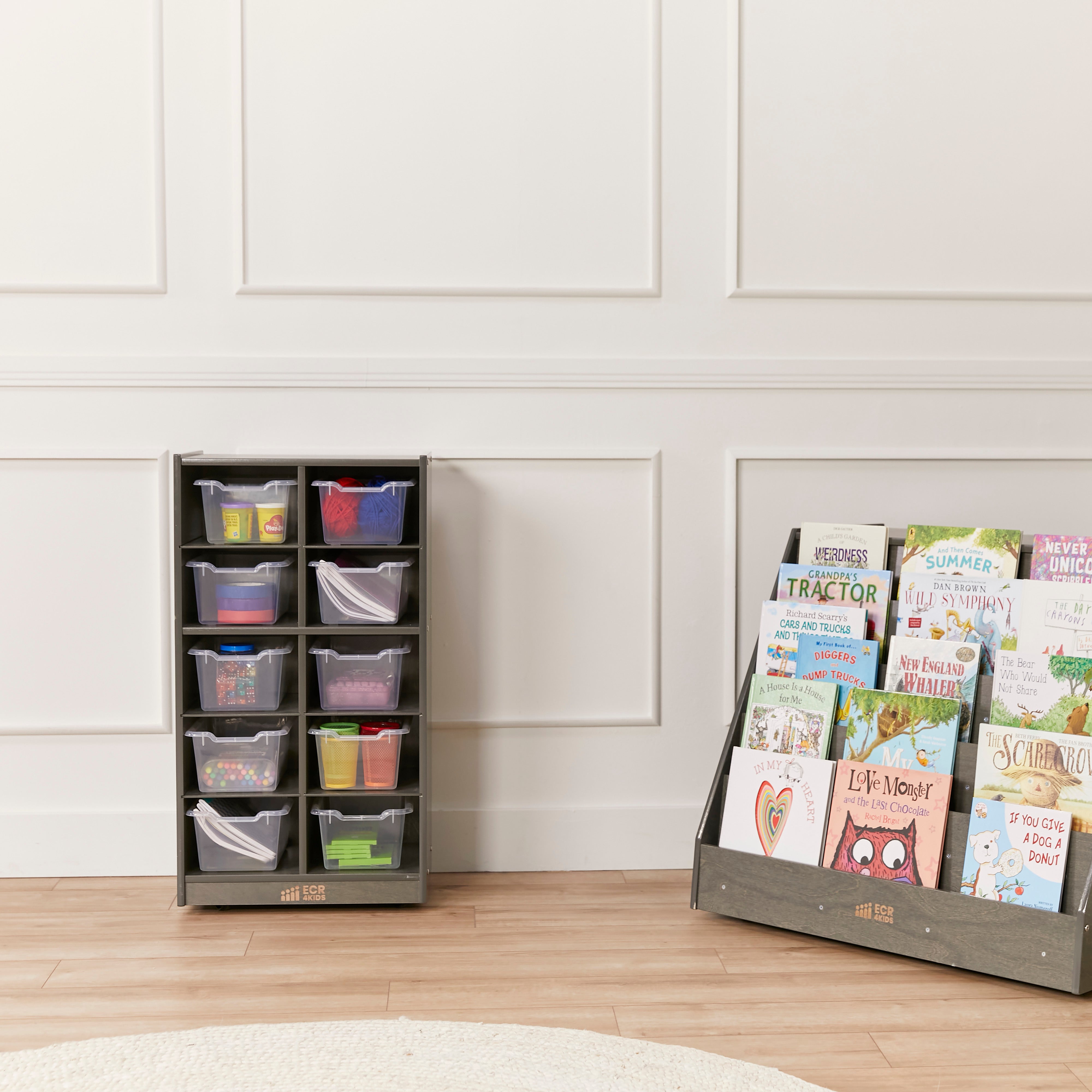 10 Cubby Mobile Tray Cabinet with 10 Scoop Front Storage Bins, 5x2, Grey Wash