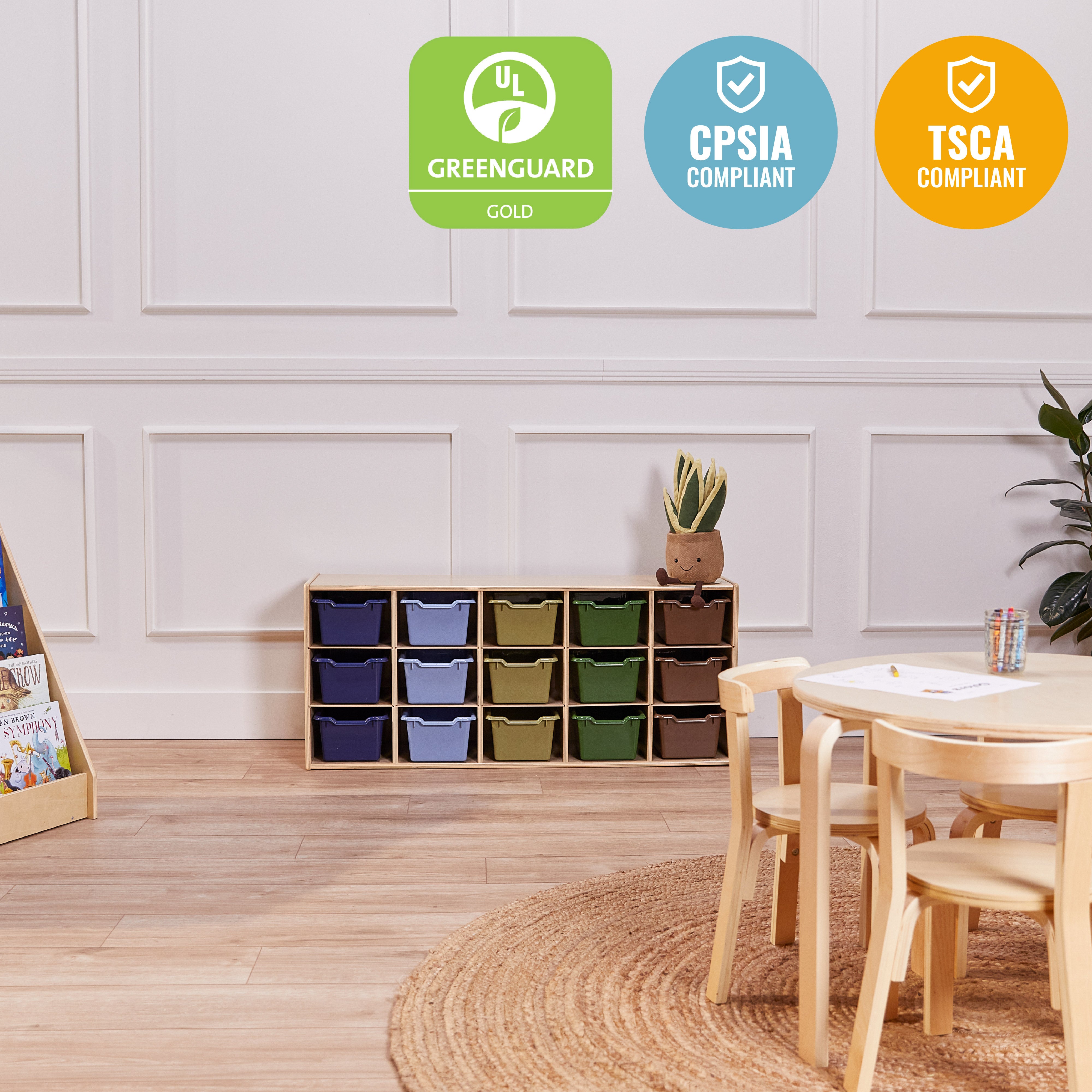 Streamline 15 Cubby Tray Cabinet with 15 Scoop Front Storage Bins, 3x5, Natural