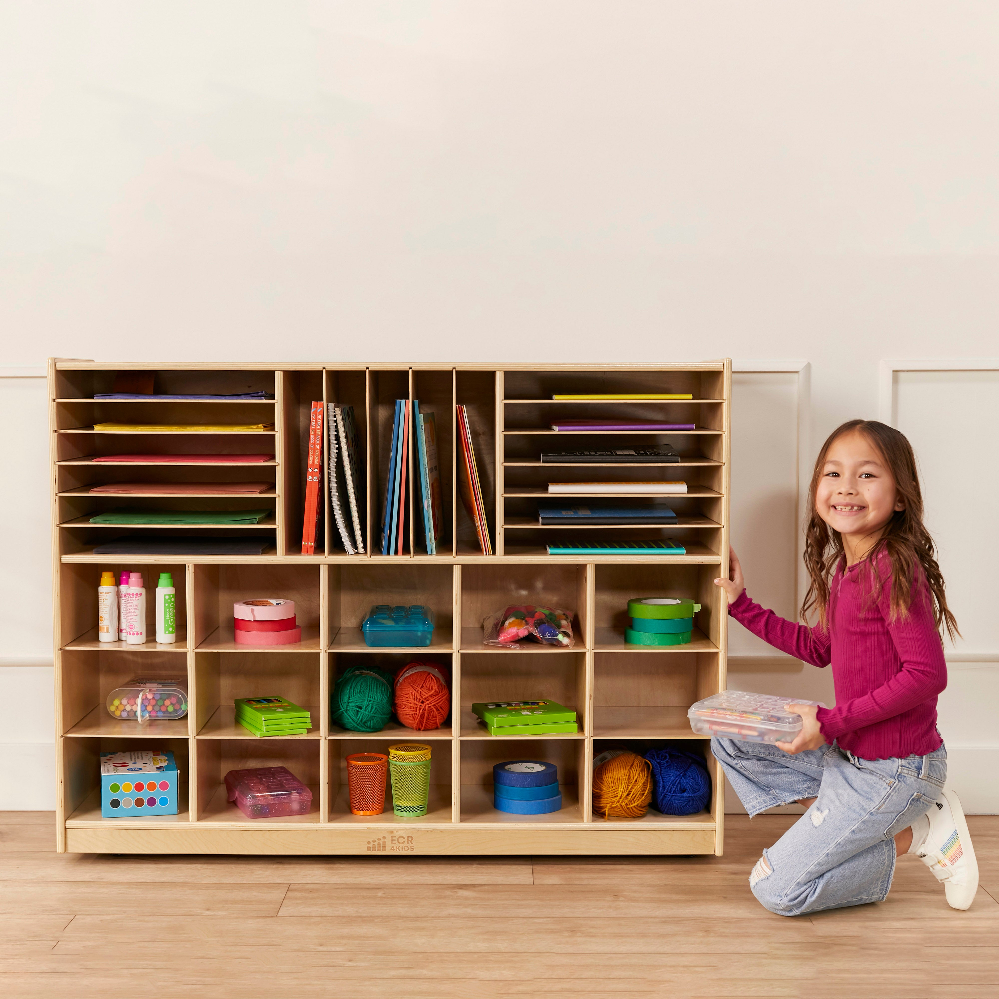 Multi-Section Mobile Tray Cabinet with Cubby Storage Compartments