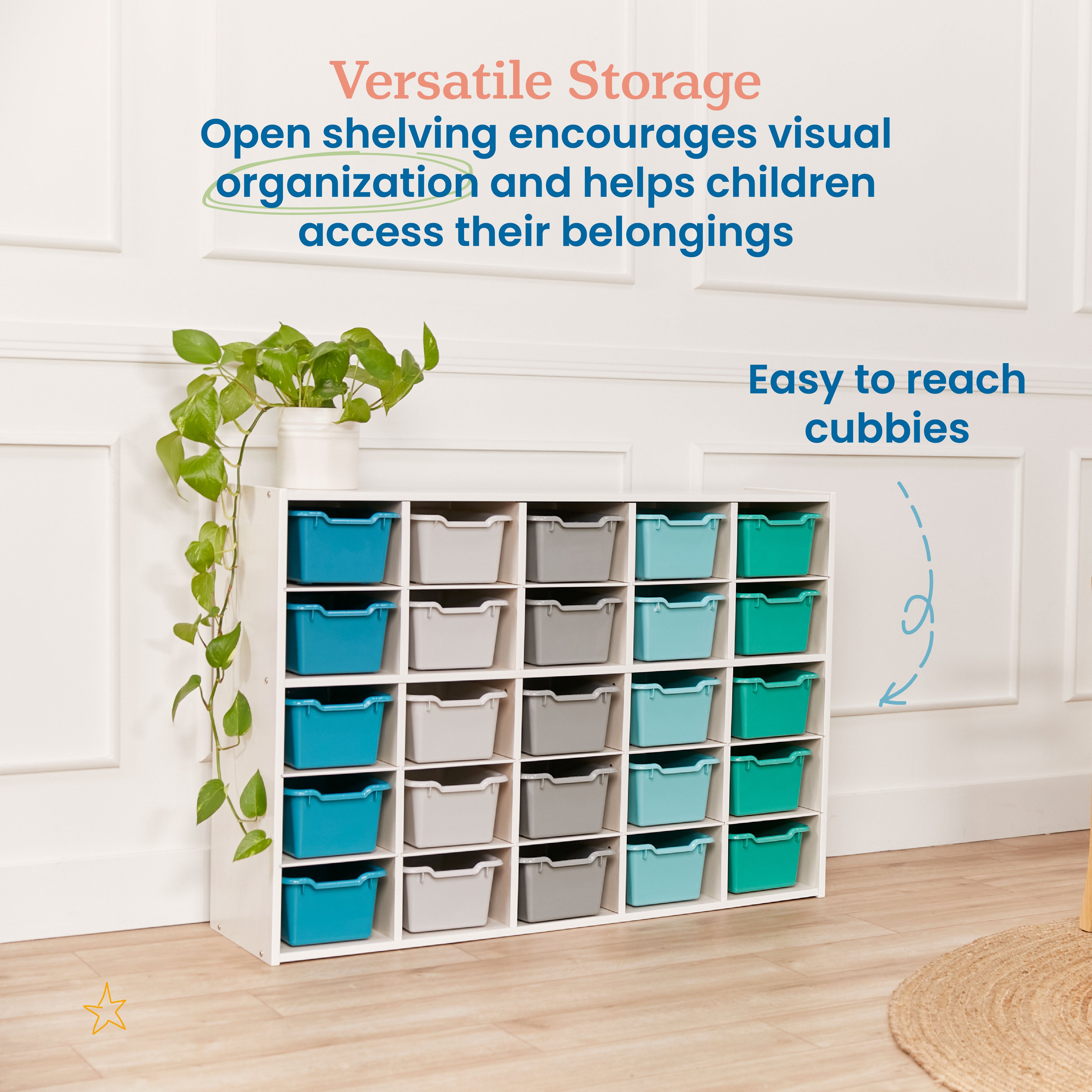 Streamline 25 Cubby Tray Cabinet with 25 Scoop Front Storage Bins, 5x5, White Wash