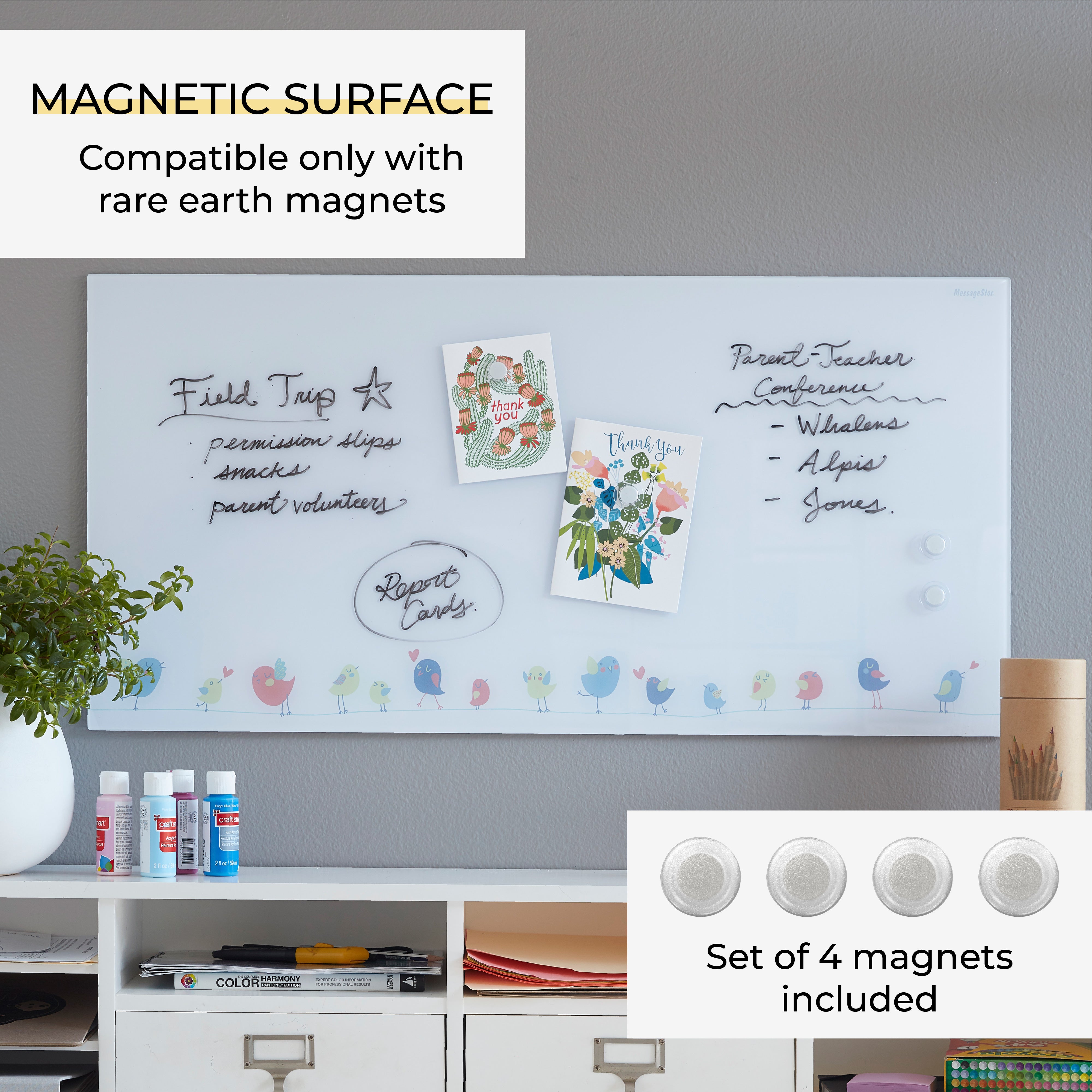 MessageStor Magnetic Dry-Erase Glass Board with Magnets, 18in x 36in
