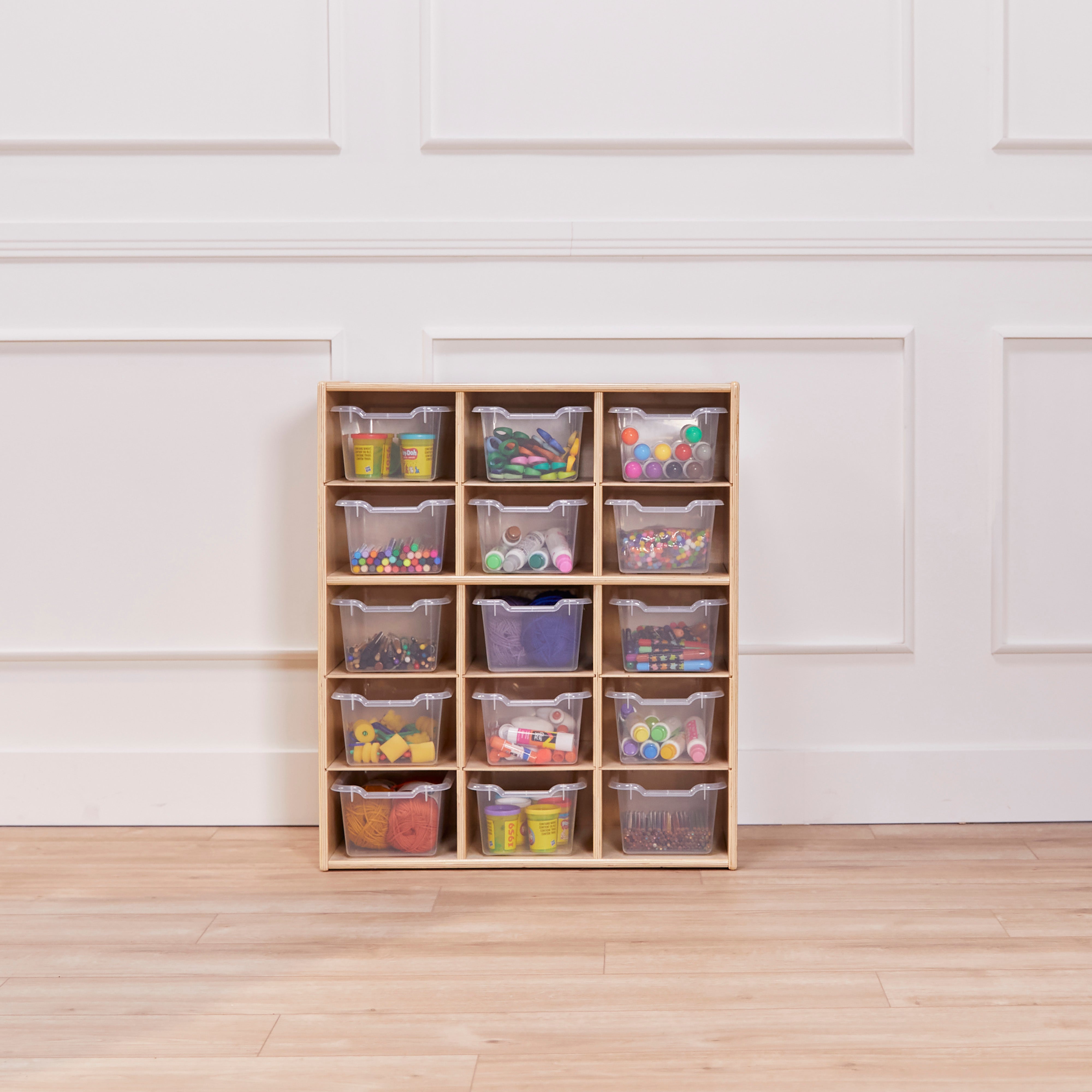 Streamline 15 Cubby Tray Cabinet with 15 Scoop Front Storage Bins, 5x3, Natural