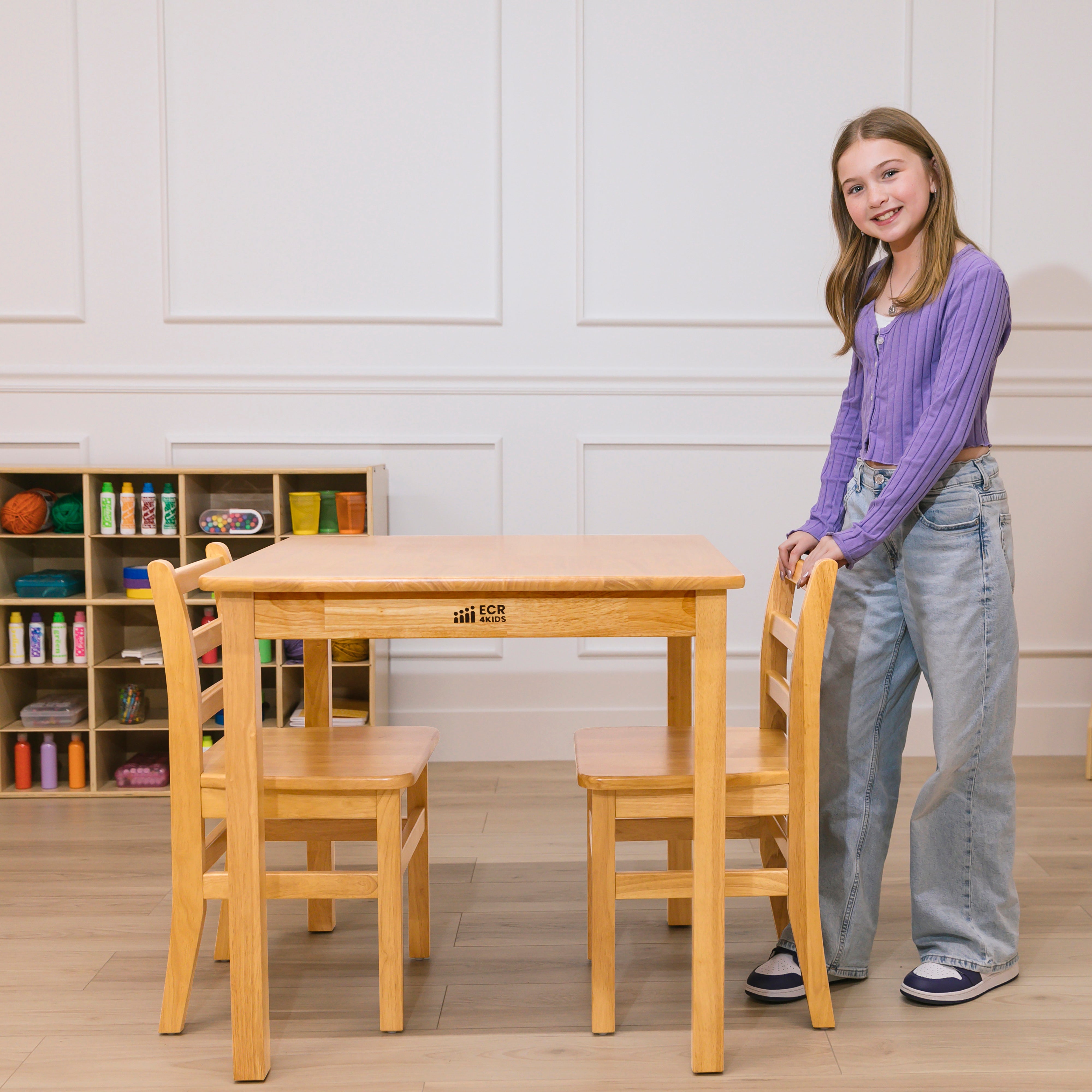 30in x 30in Square Hardwood Table with 28in Legs and Two 16in Chairs, Kids Furniture