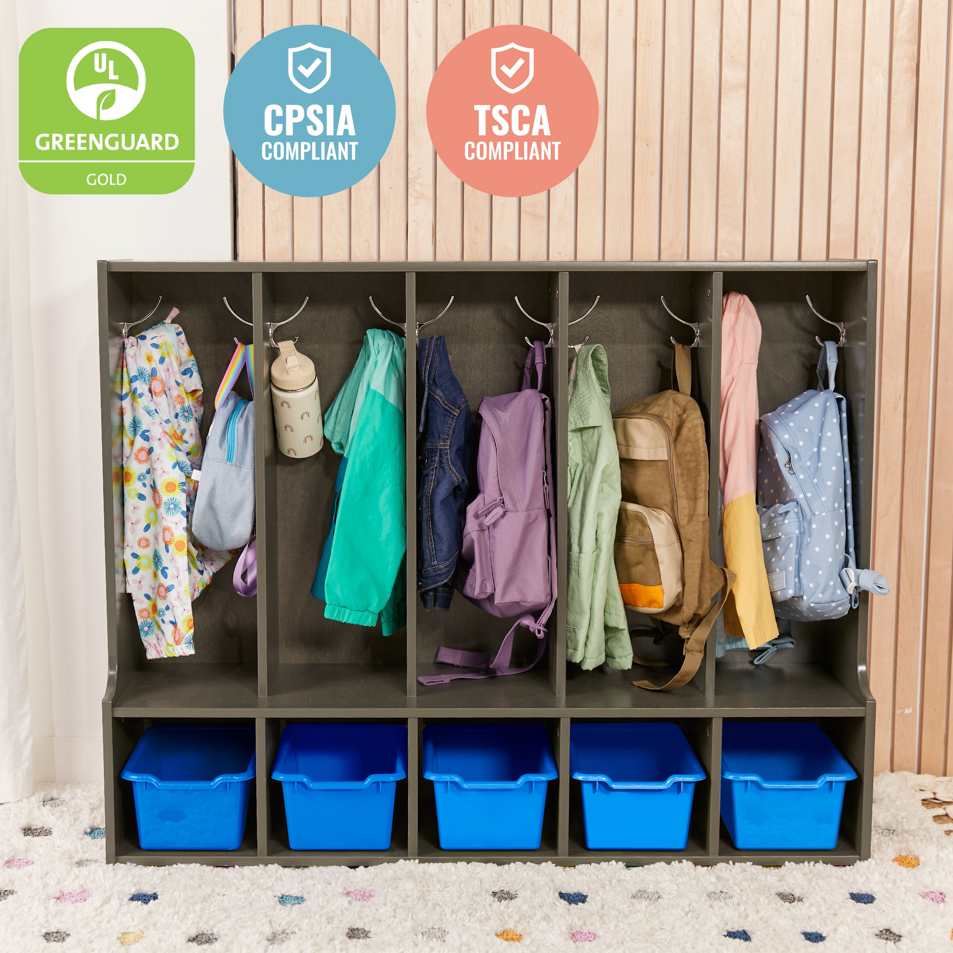 Streamline 5-Section Toddler Coat Locker with Bench and Bins