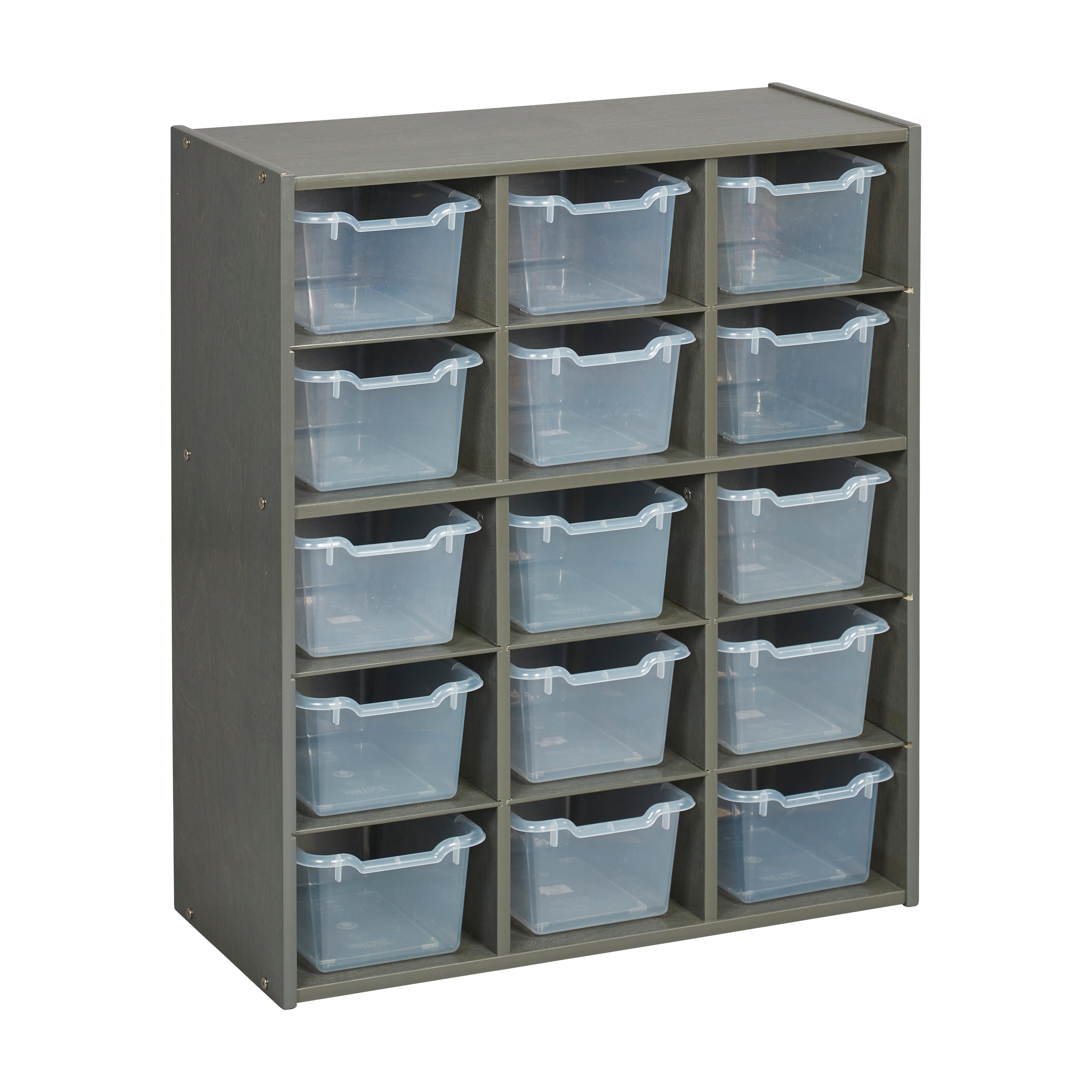 Streamline 15 Cubby Tray Cabinet with 15 Scoop Front Storage Bins, 5x3, Grey Wash