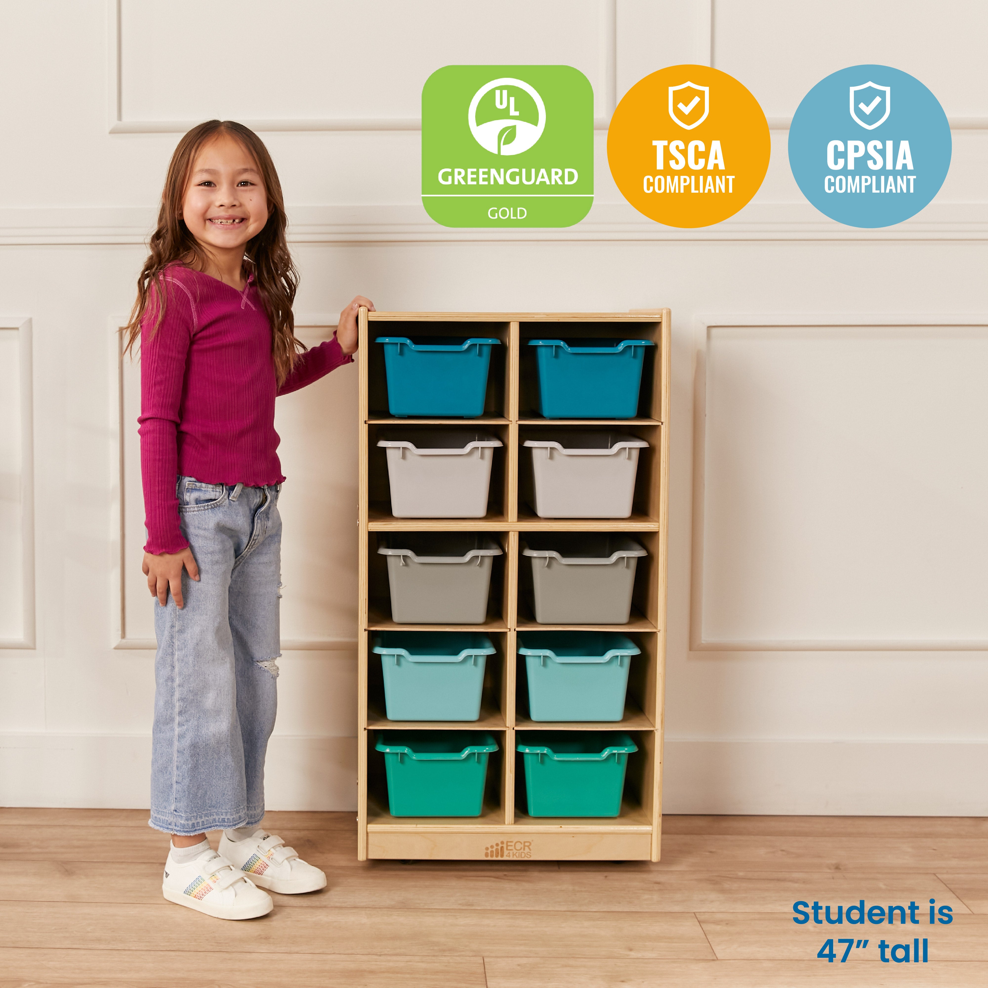 10 Cubby Mobile Tray Cabinet and 10 Scoop Front Bins, 5x2