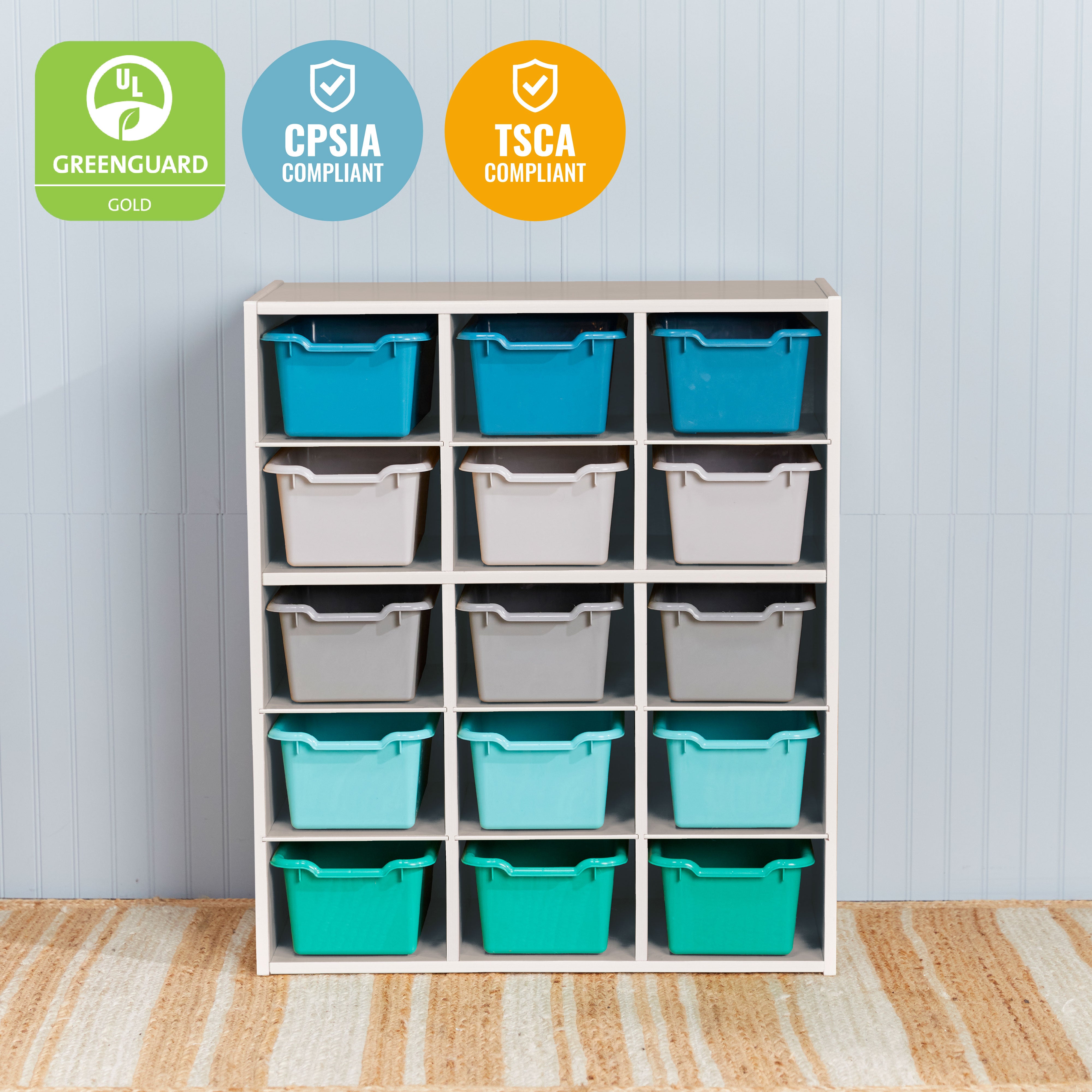 Streamline 15 Cubby Tray Cabinet with 15 Scoop Front Storage Bins, 5x3, White Wash