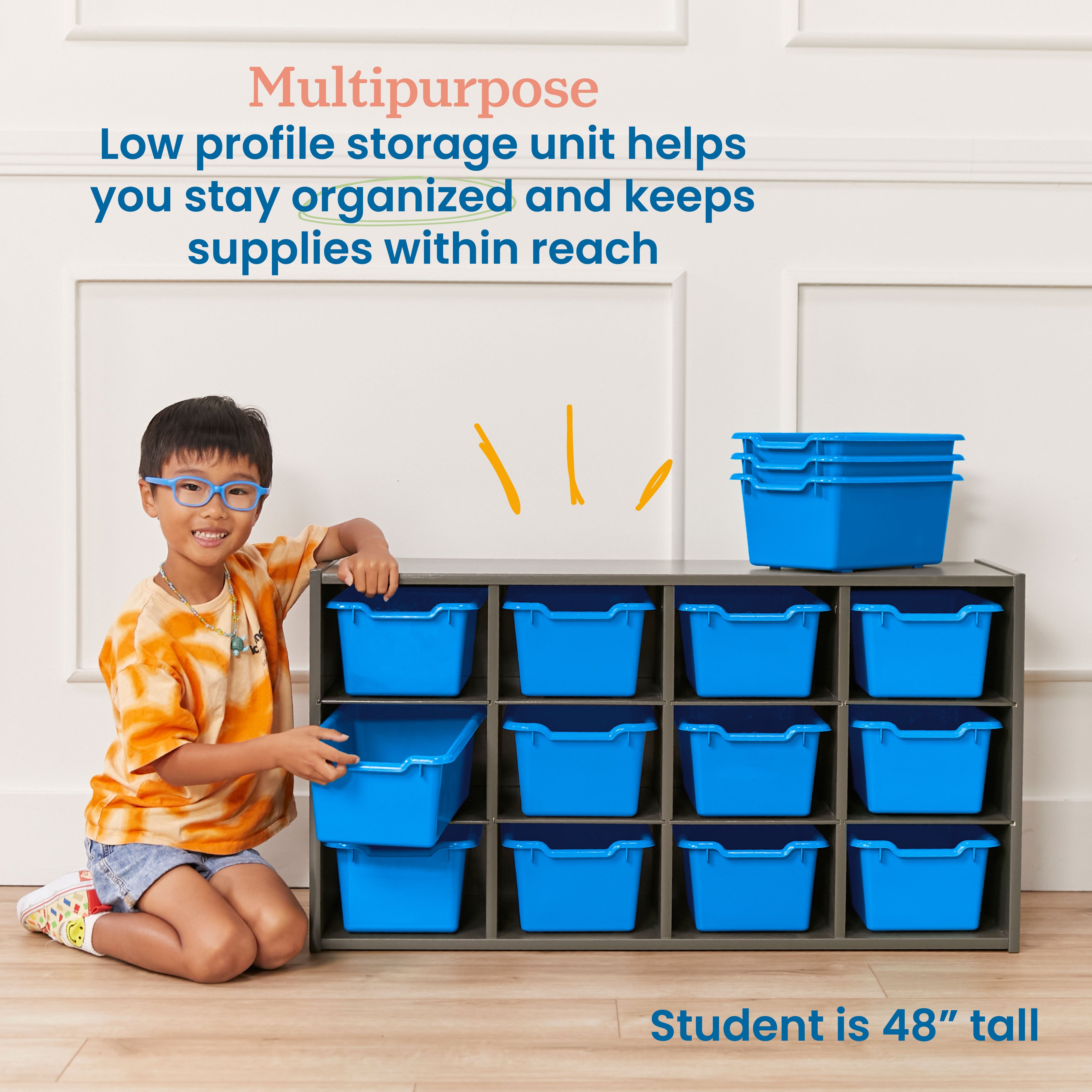 Streamline 12 Cubby Tray Cabinet with Scoop Front Storage Bins, 3x4, Grey Wash, Classroom Furniture