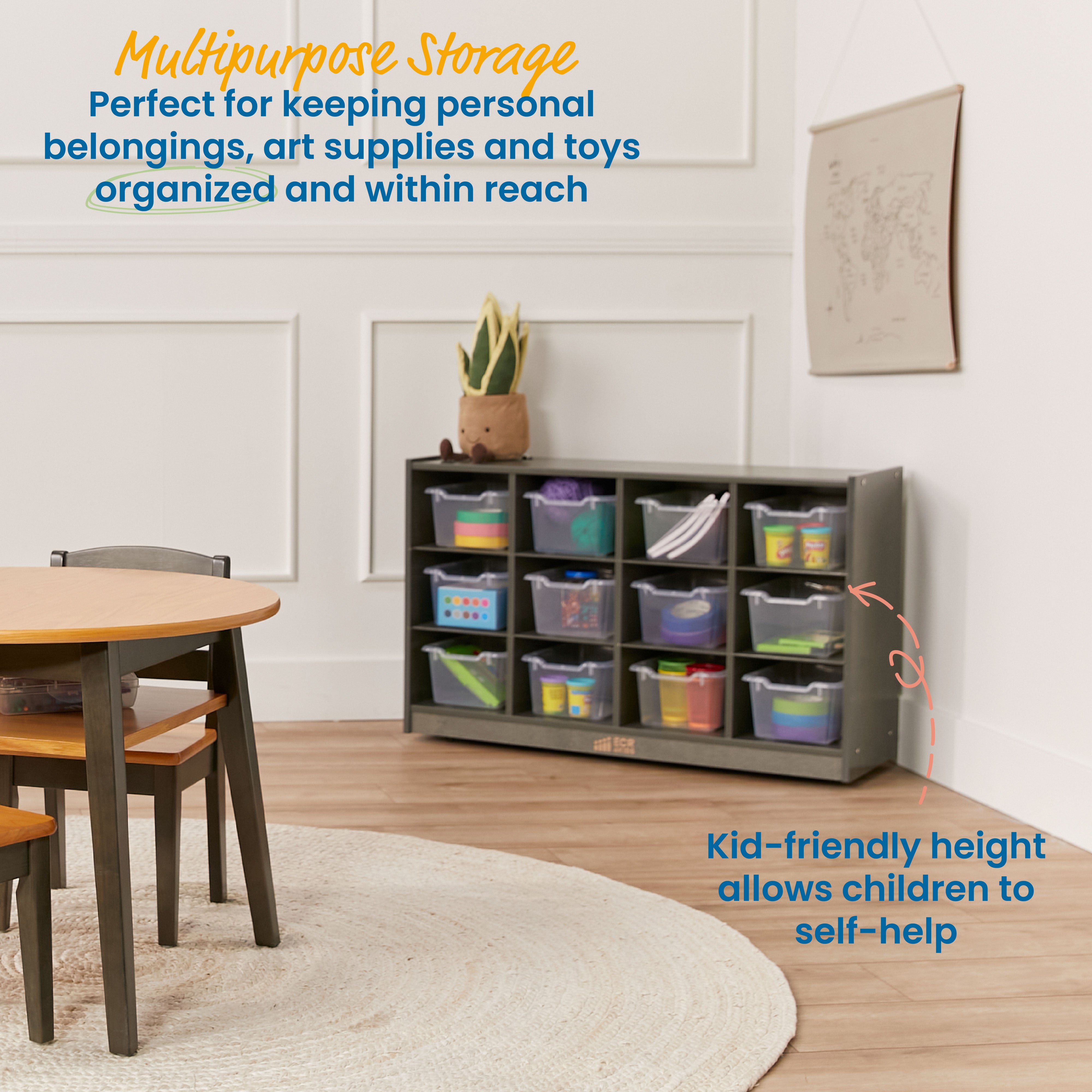 12 Cubby Mobile Tray Cabinet with 15 Scoop Front Storage Bins, 3x4, Grey Wash