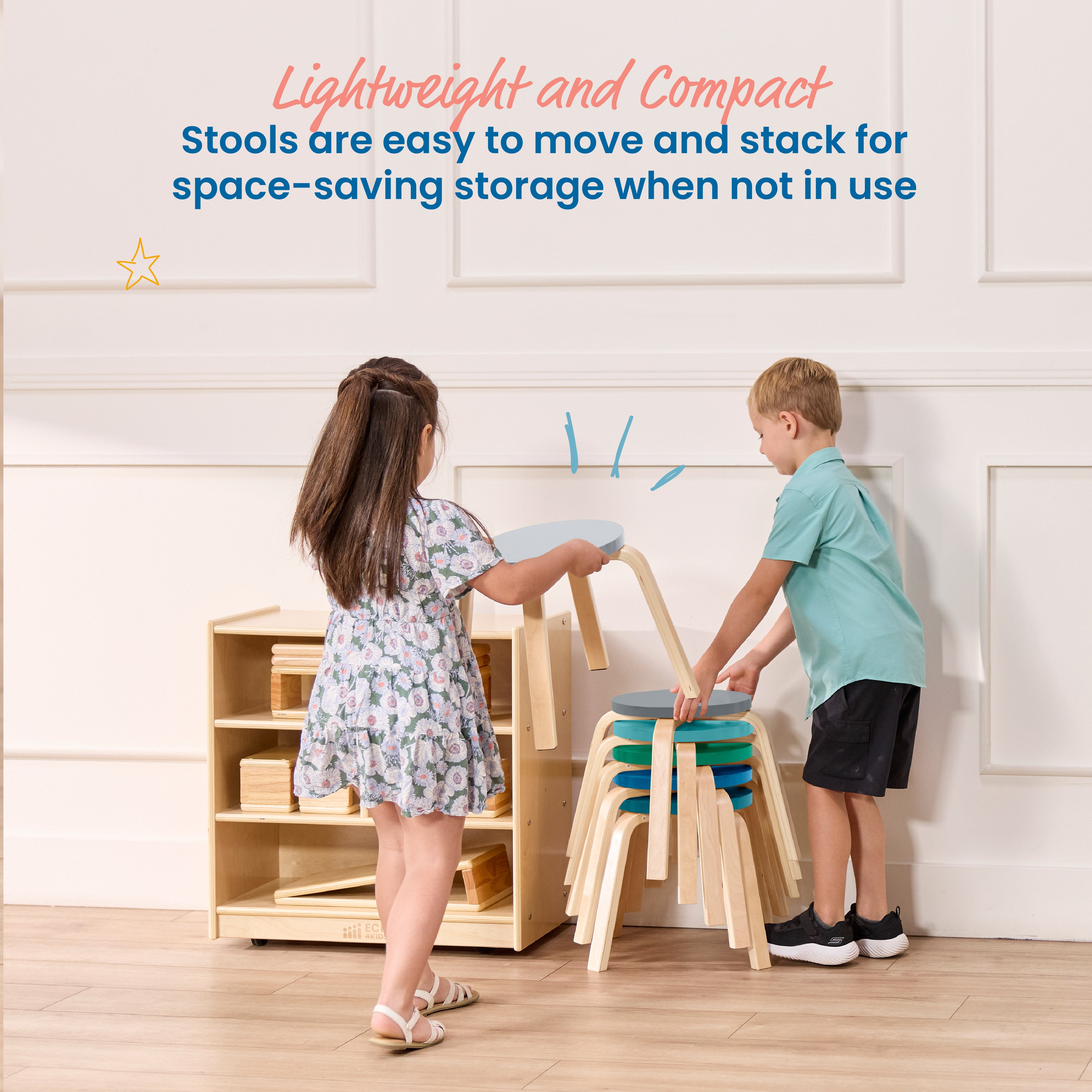 Bentwood Stackable Stools, 12in Seat Height, 6-Piece