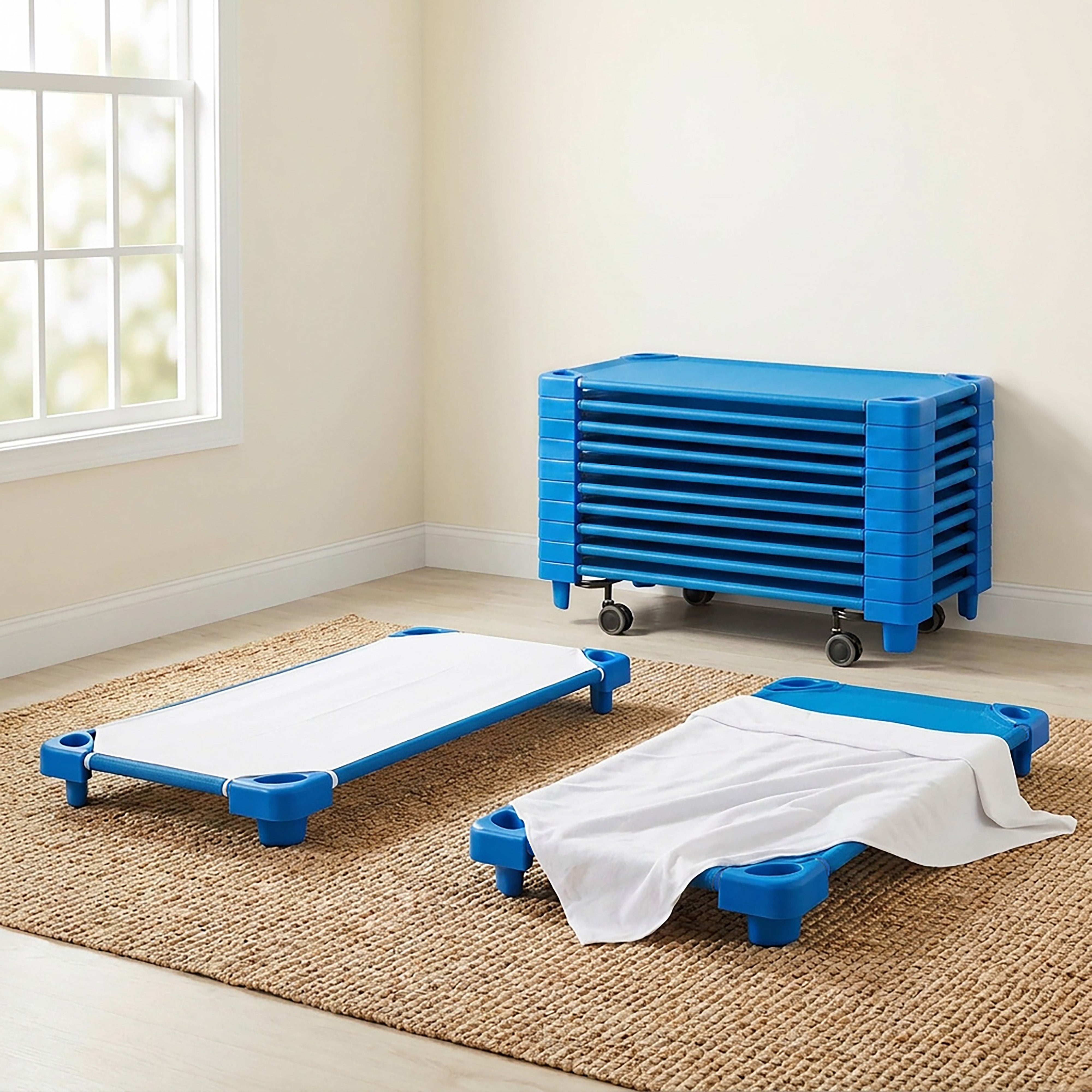 Preschool Rest & Recharge Package with Standard Stackable Kiddie Cots, Sheets, Blankets and Cot Trolley
