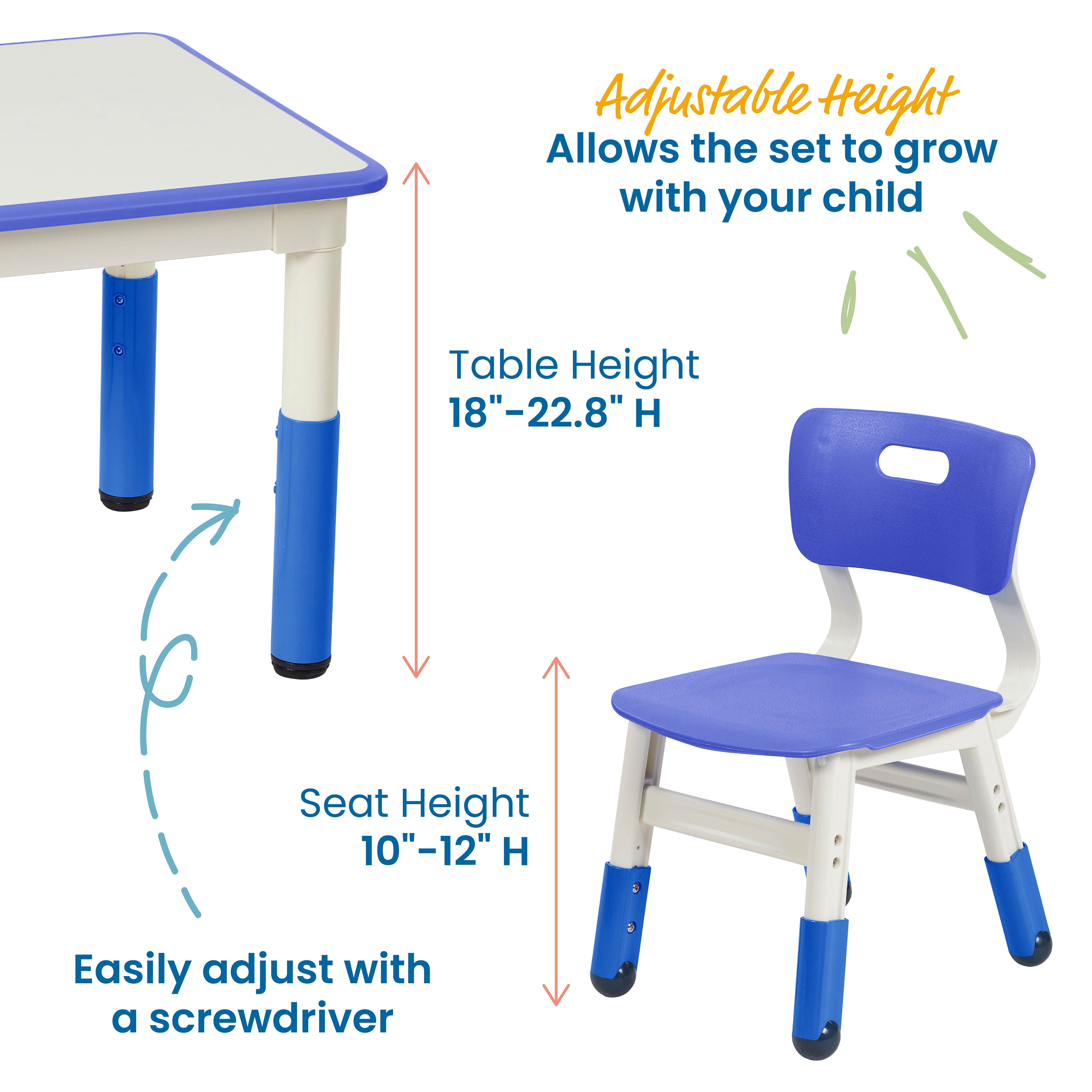 Dry-Erase Square Activity Table with 2 Chairs, Adjustable, 3-Piece