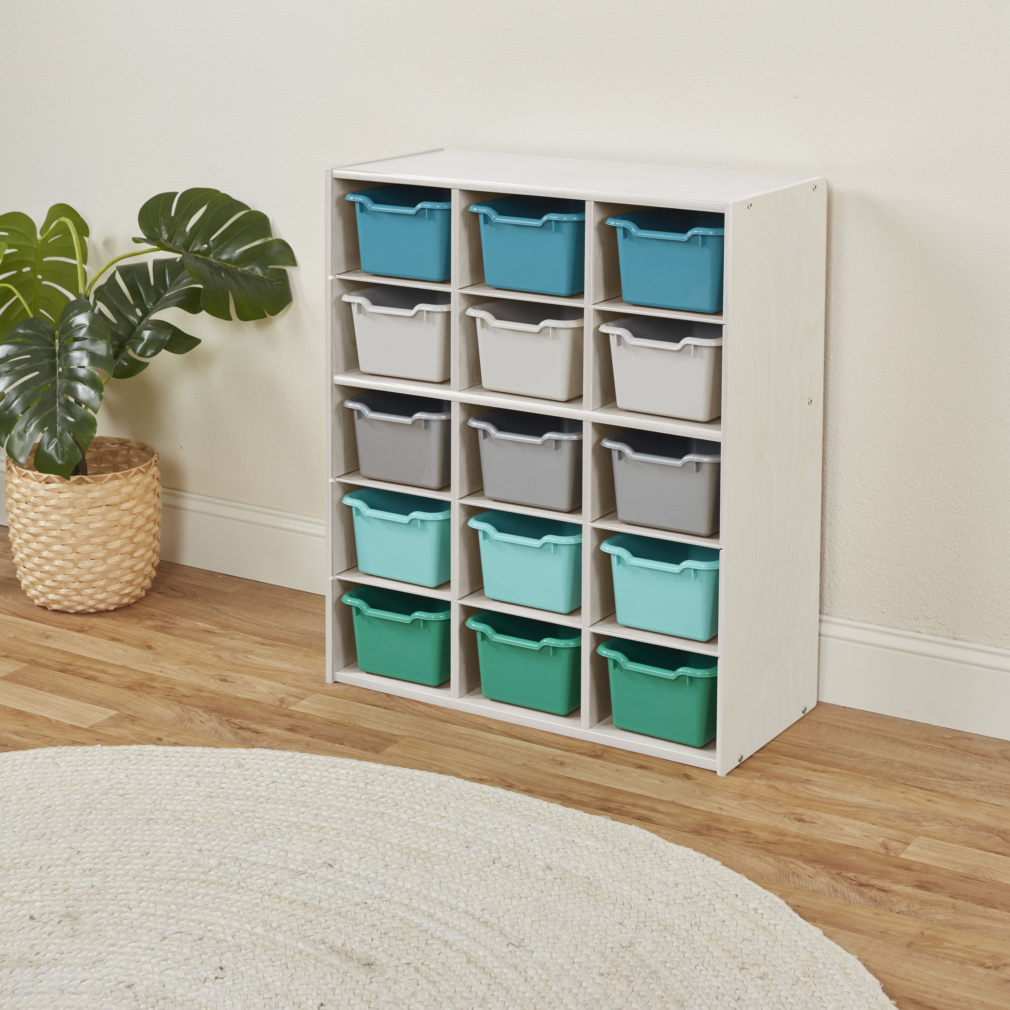 Streamline 15 Cubby Tray Cabinet with 15 Scoop Front Storage Bins, 5x3, White Wash
