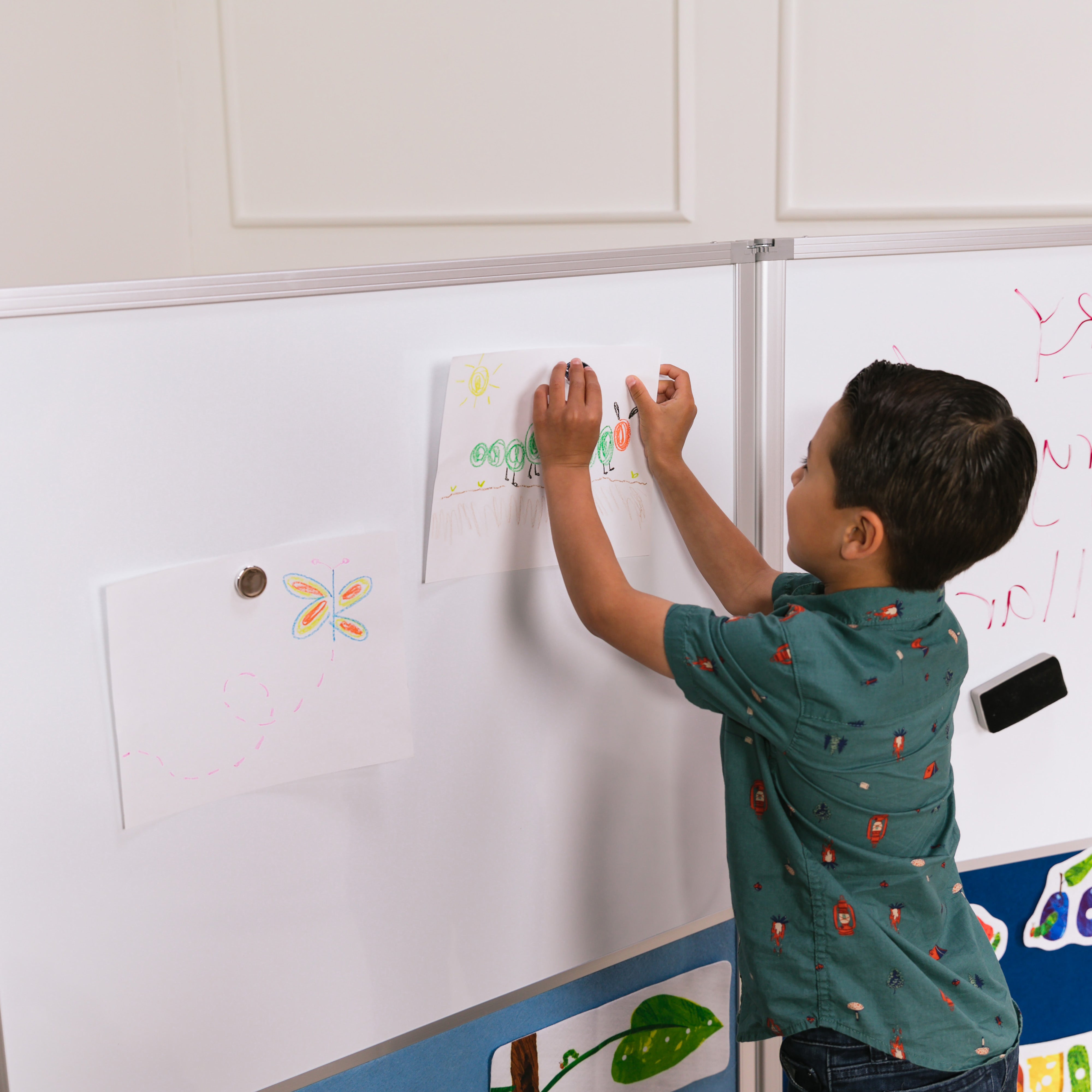 Mobile Dry-Erase and Flannel Split Room Divider, 3-Panel