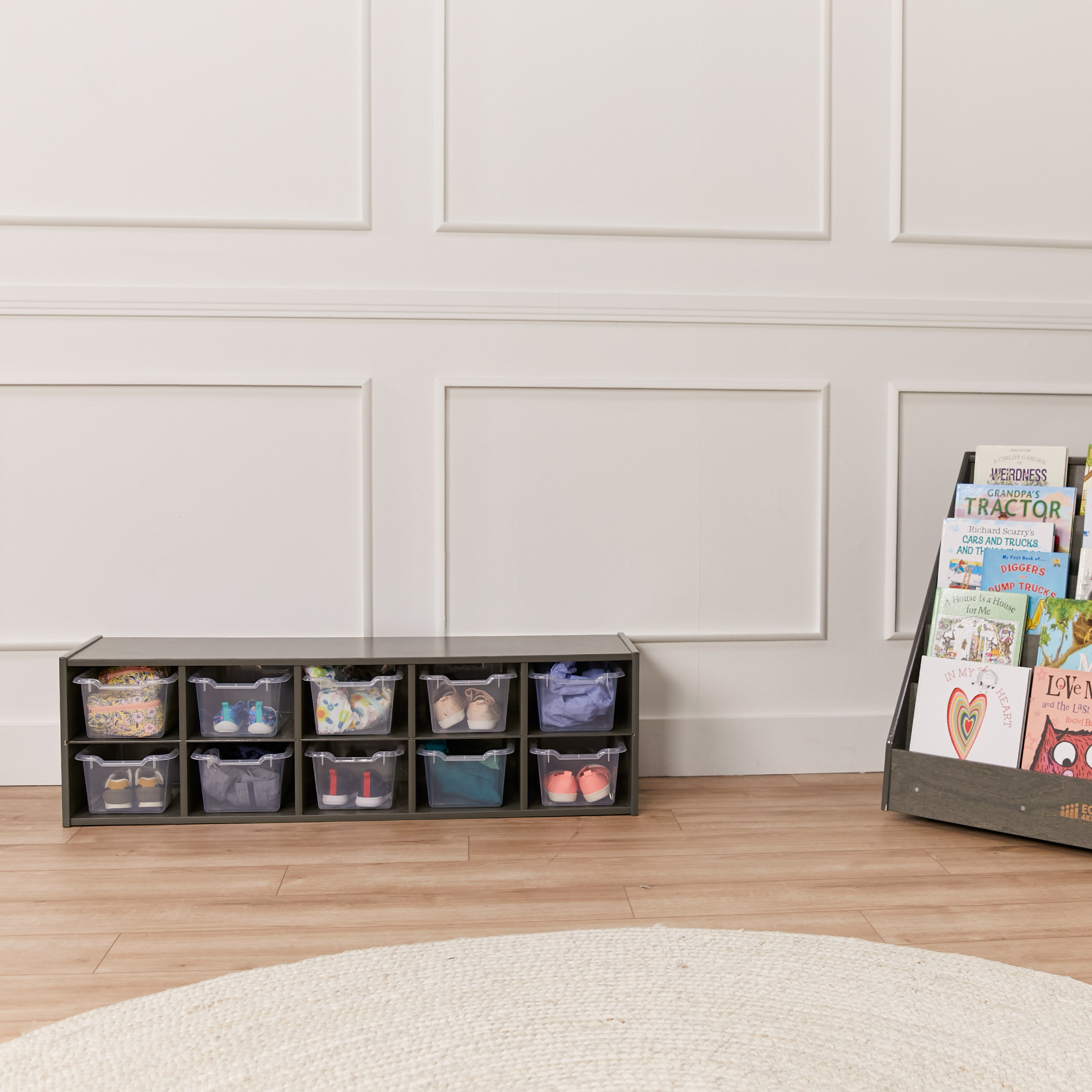 Streamline 10 Cubby Tray Cabinet with 10 Scoop Front Storage Bins, 2x5, Grey Wash
