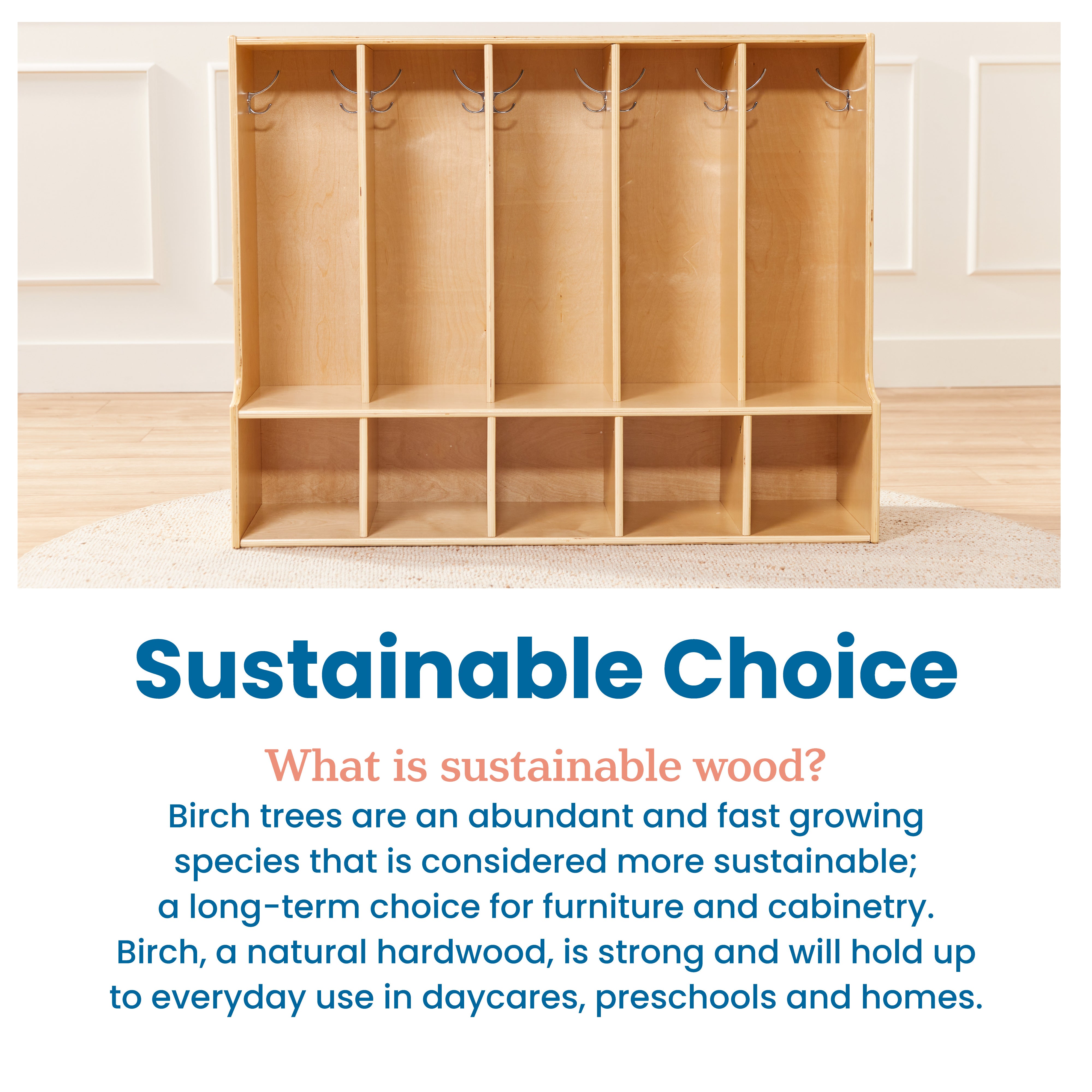 Streamline 5-Section Coat Locker with Bench and Scoop Front Storage Bins, Toddler Size, Natural