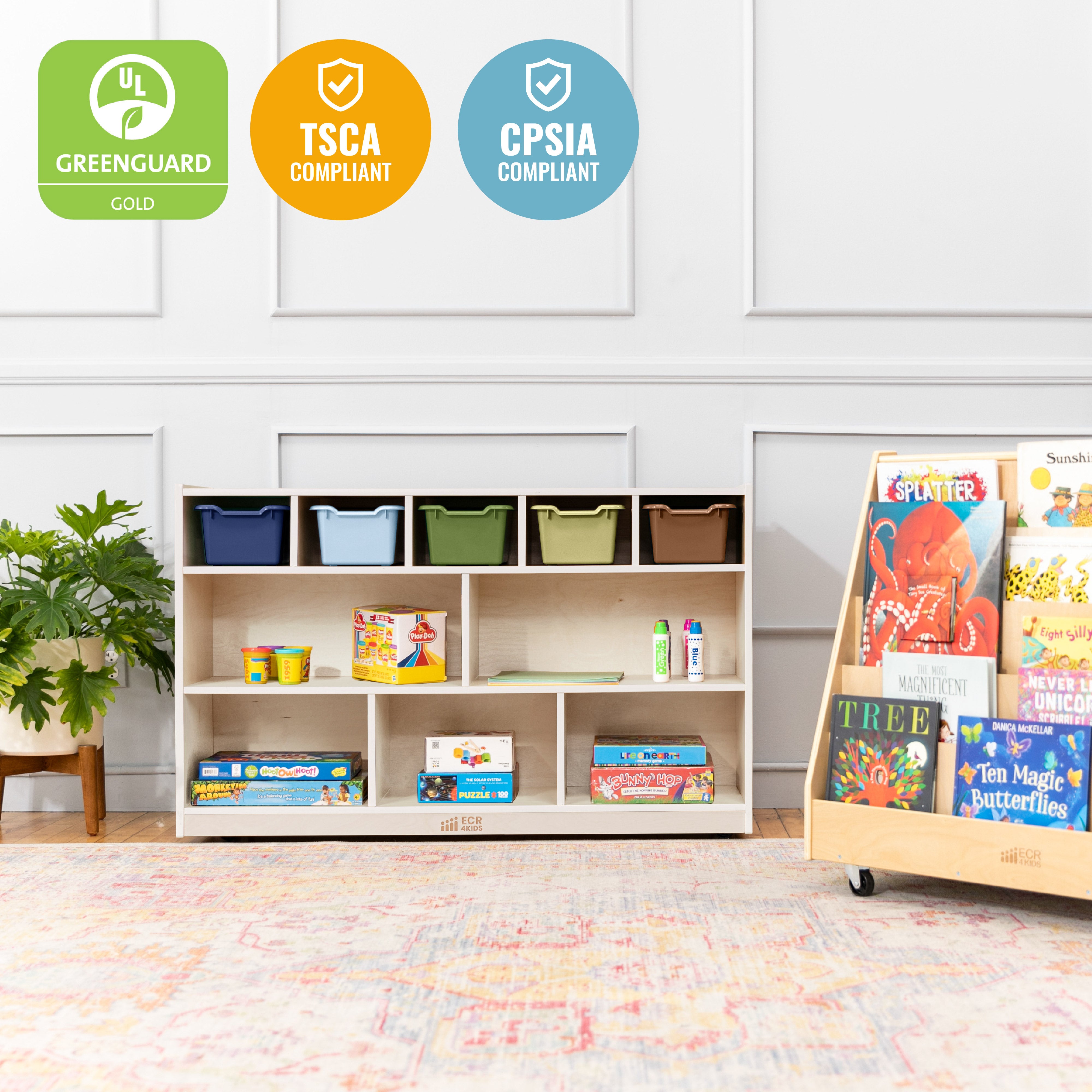 5+5 Mobile Storage and Tray Cabinet with 5 Scoop Front Bins, White Wash