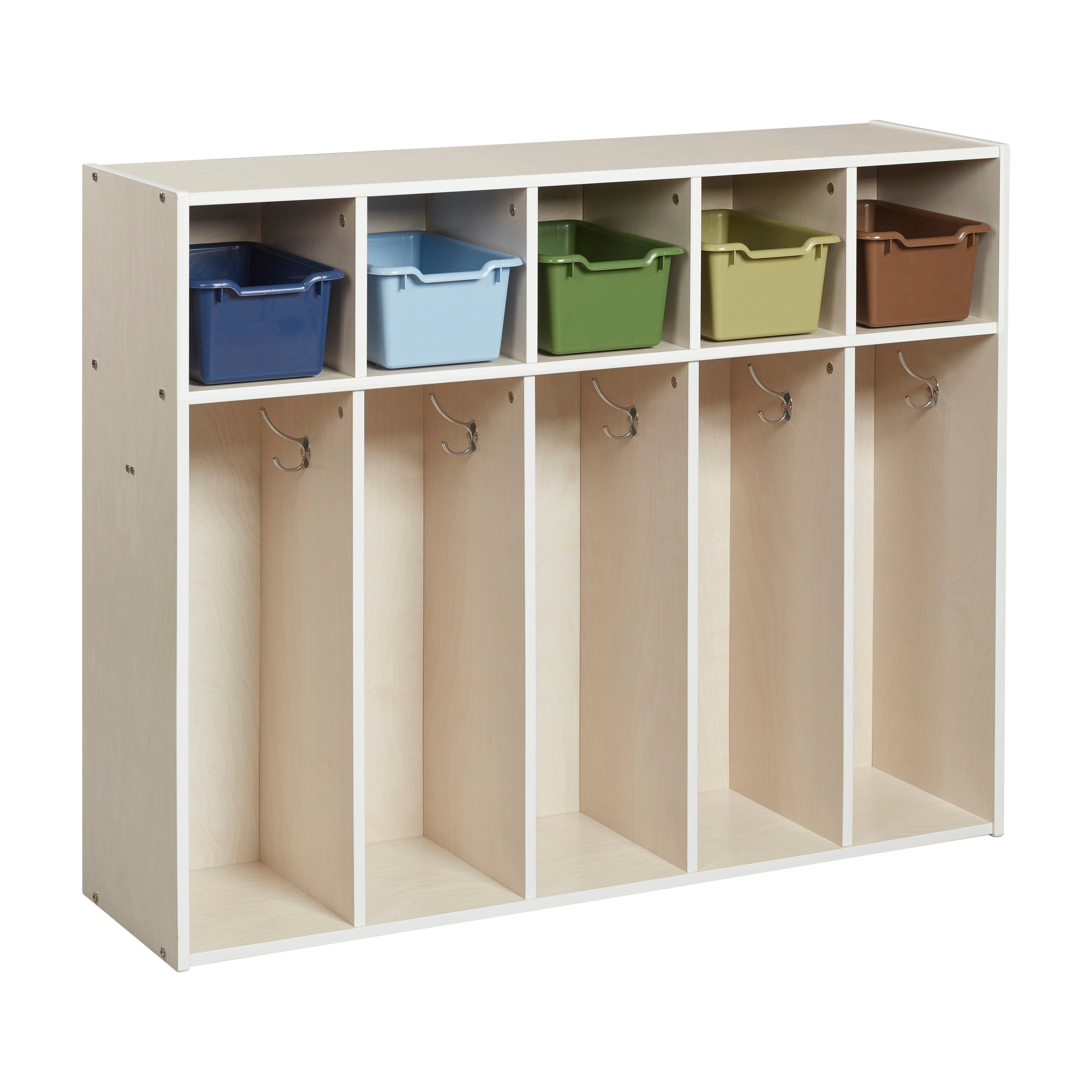 Streamline 5-Section Coat Locker with Scoop Front Storage Bins, Toddler Size, White Wash