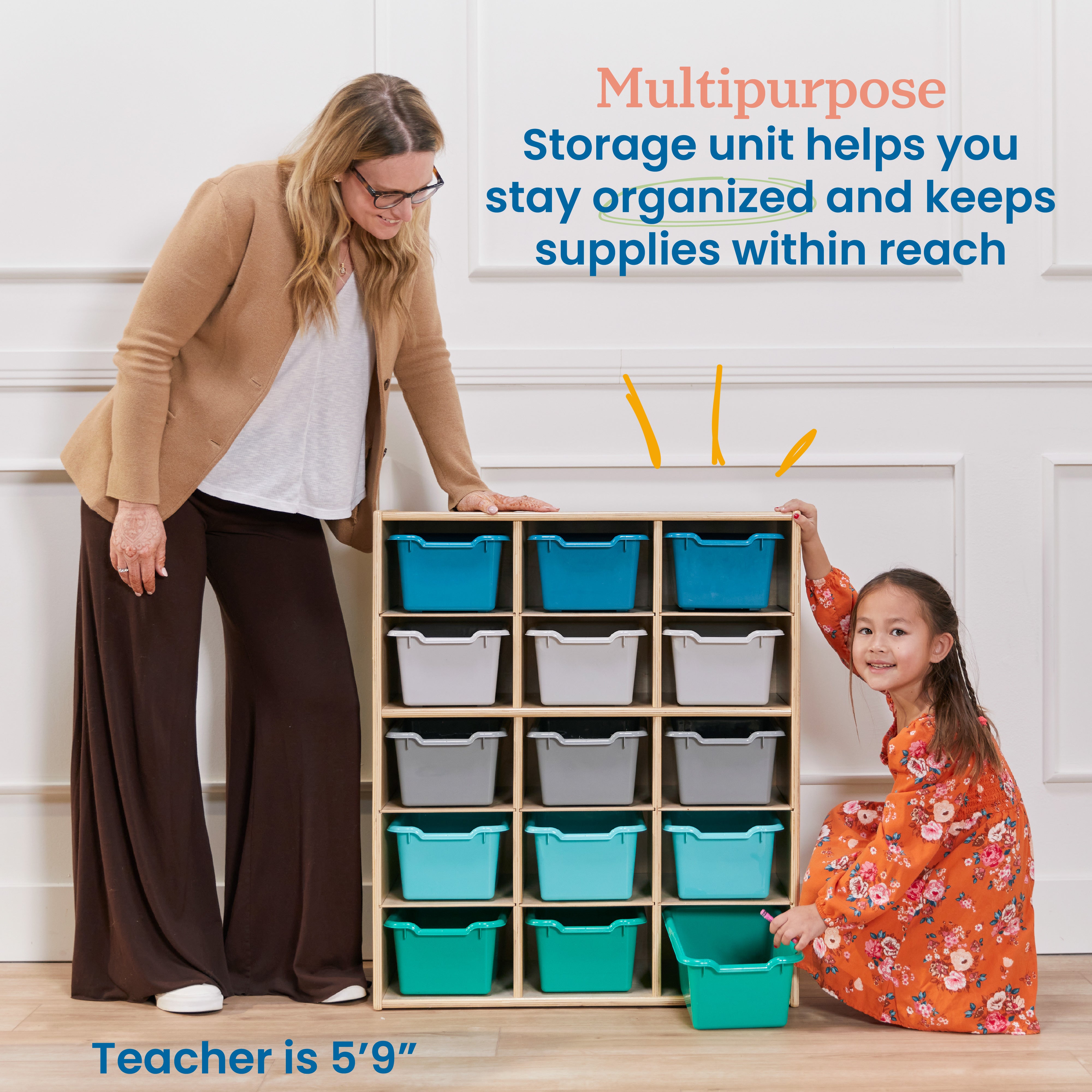 Streamline 15 Cubby Tray Cabinet with 15 Scoop Front Storage Bins, 5x3, Natural