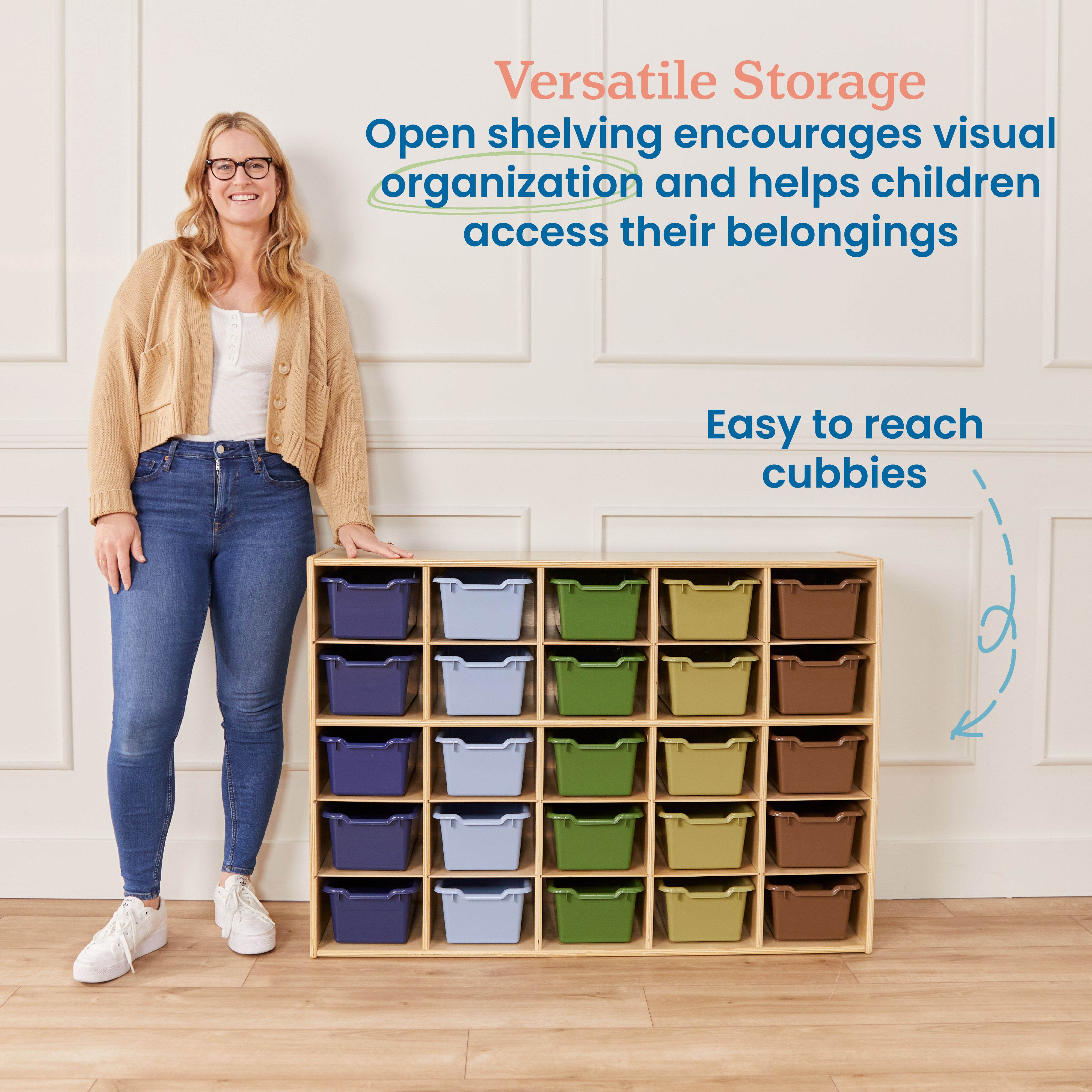 Streamline 25 Cubby Tray Cabinet with 25 Scoop Front Storage Bins, 5x5, Natural