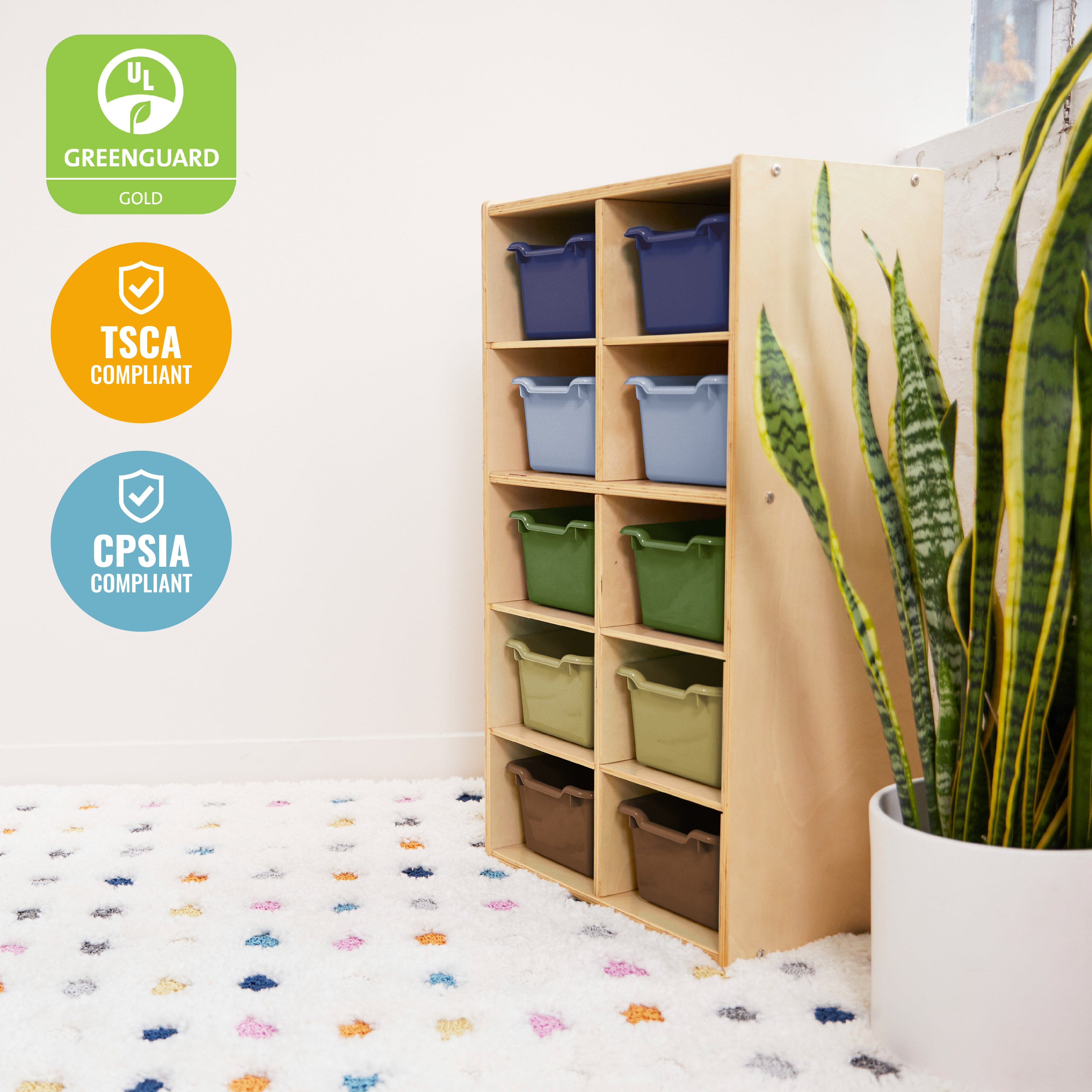 Streamline 10 Cubby Tray Cabinet with 10 Scoop Front Storage Bins, 5x2, Natural