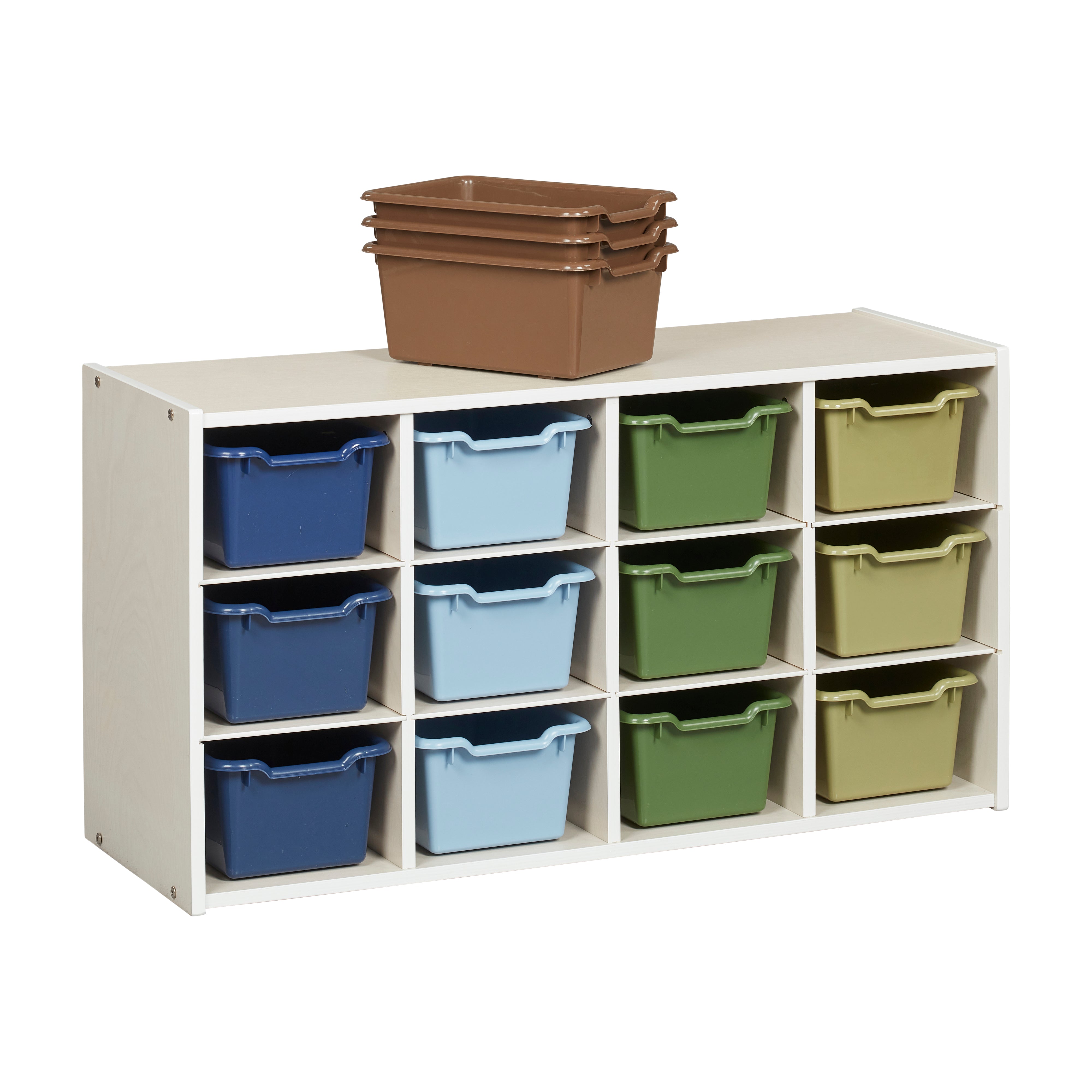 Streamline 12 Cubby Tray Cabinet with 15 Scoop Front Storage Bins, 3x4, White Wash