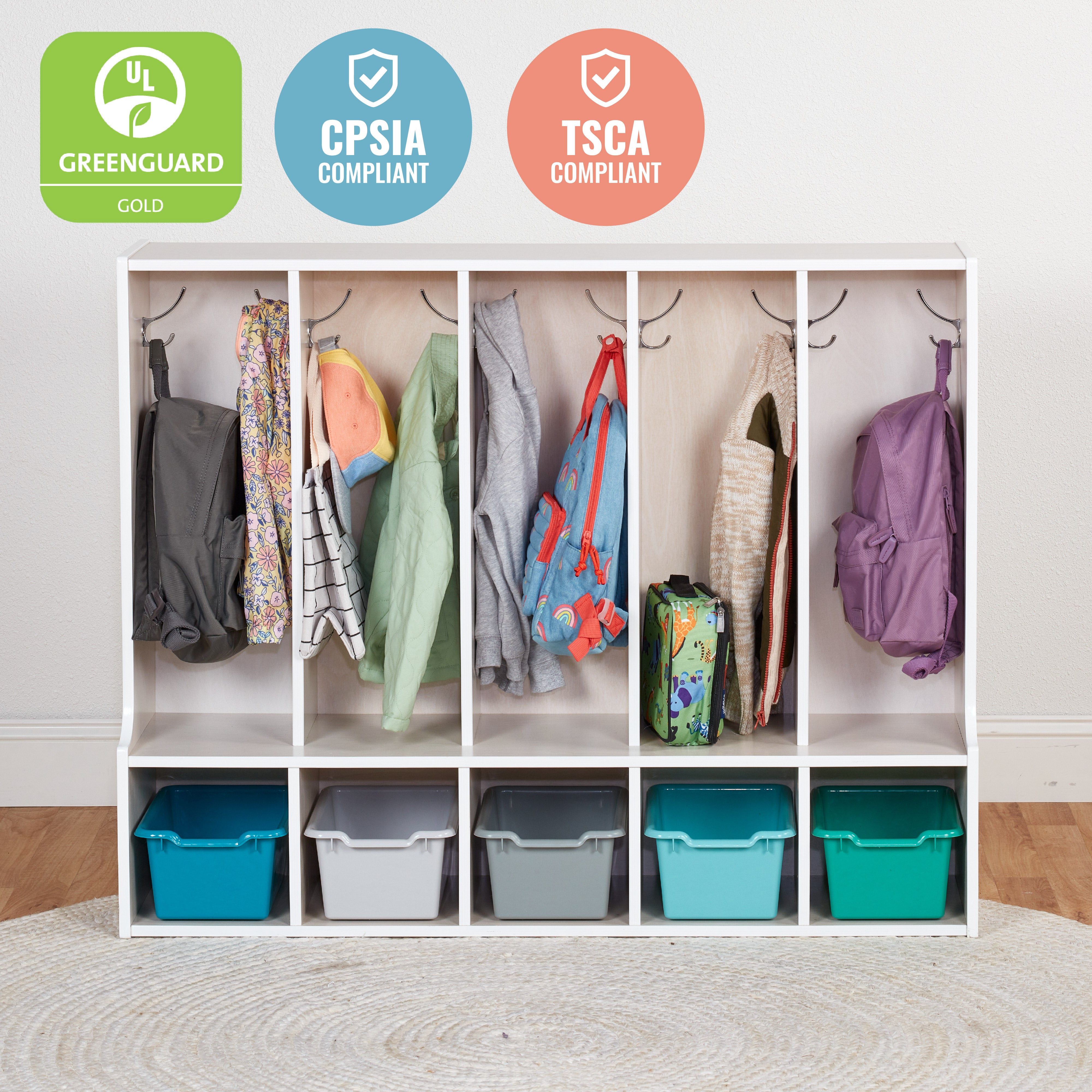 Streamline 5-Section Toddler Coat Locker with Bench and Bins