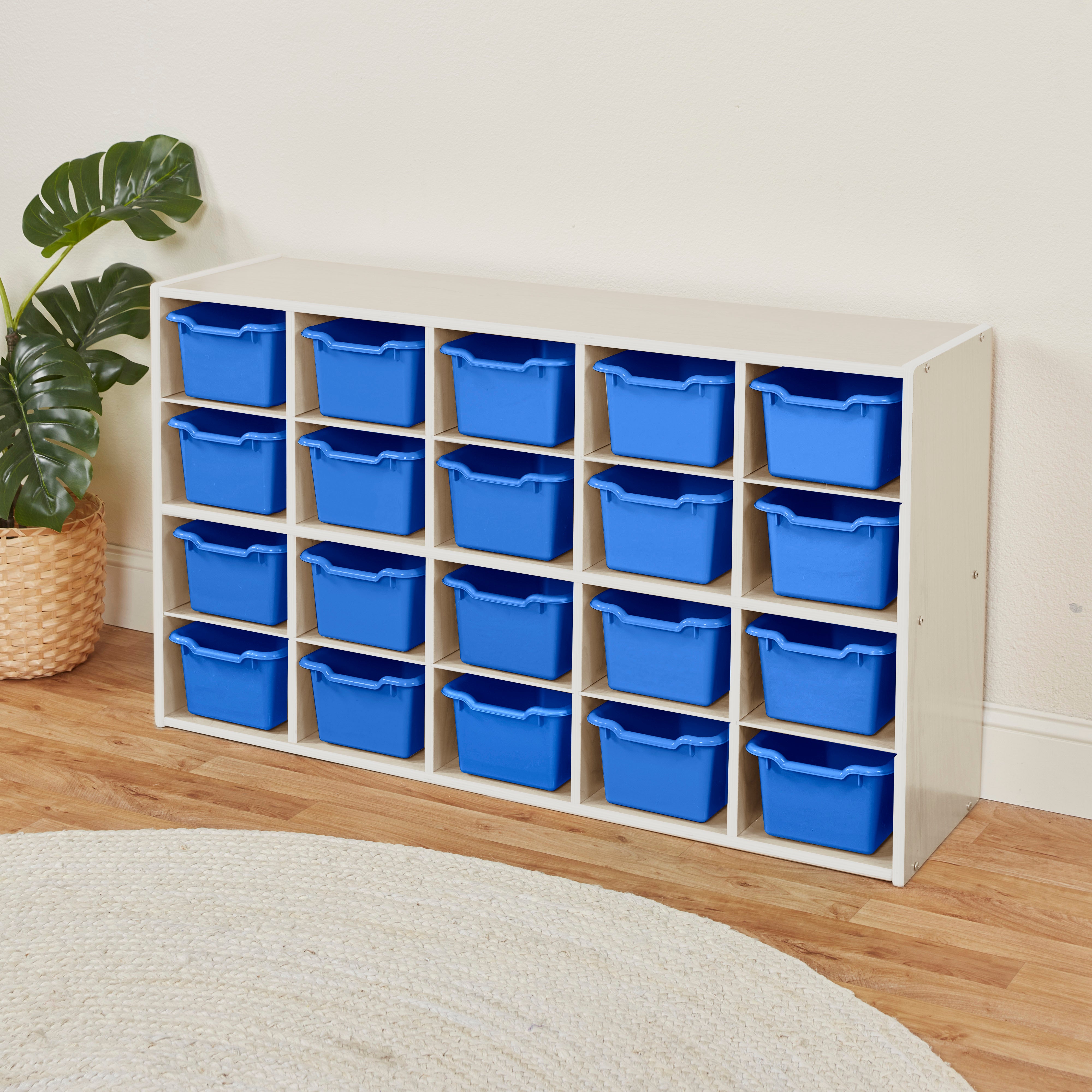 Streamline 20 Cubby Tray Storage Cabinet with 20 Scoop Front Storage Bins, 4x5, White Wash