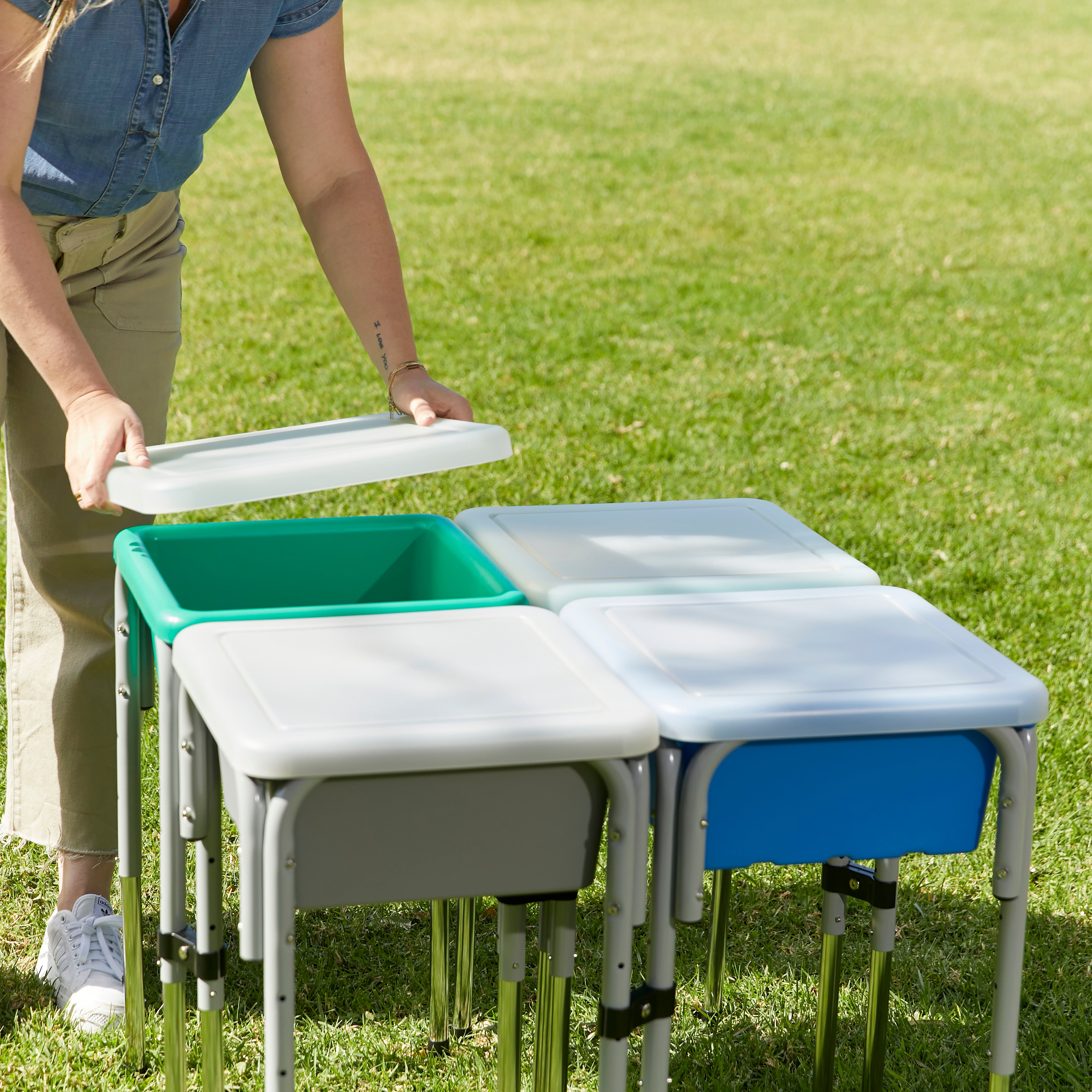 Preschool Outdoor Learning and Play Package with Sand and Water Table, Table and Chairs and Stepping Buckets